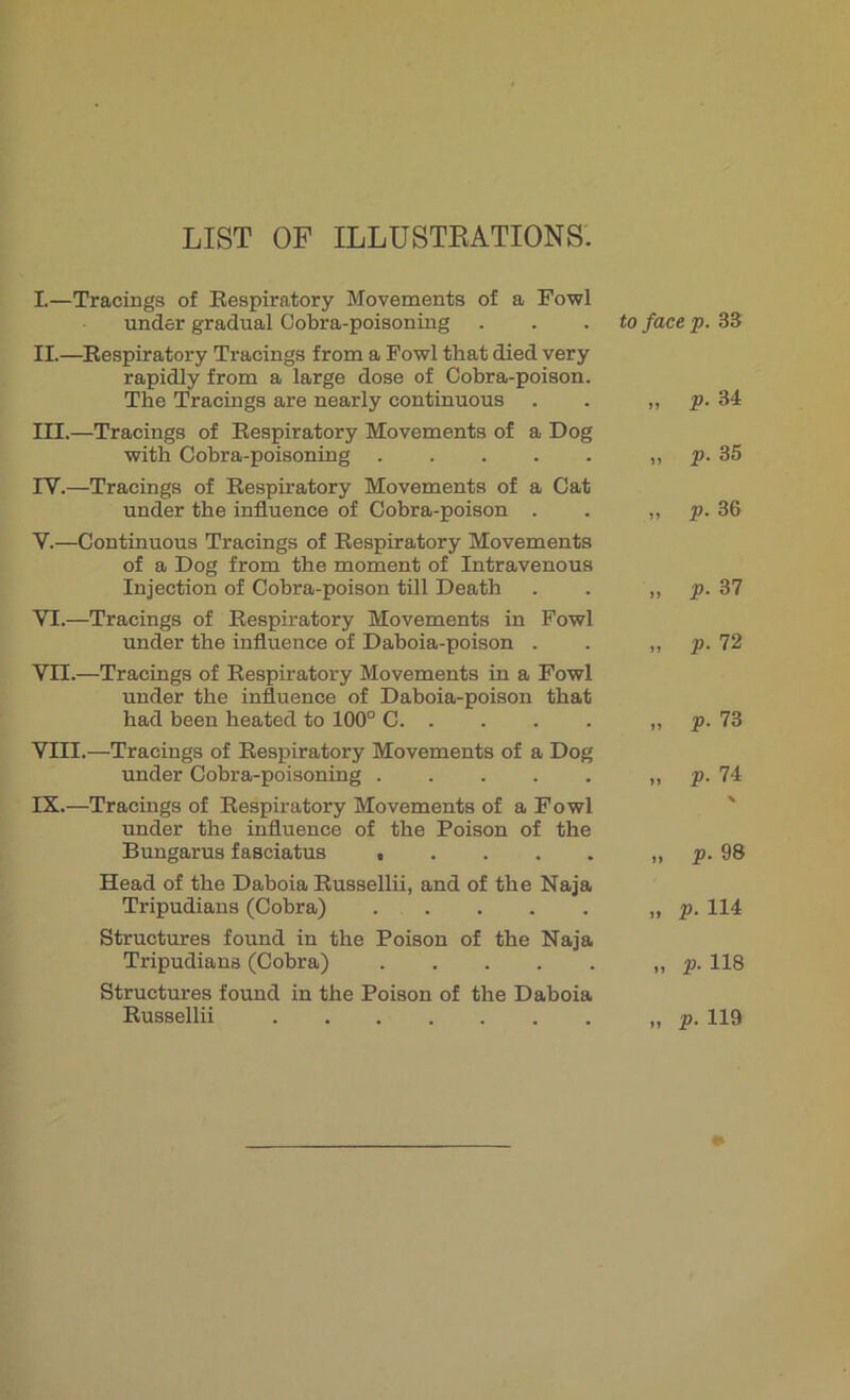 LIST OF ILLUSTEATIONS. I. —Tracings of Kespiratory Movements of a Fowl under gradual Cobra-poisoning II. —Respiratory Tracings from a Fowl that died very rapidly from a large dose of Cobra-poison. The Tracings are nearly continuous . III. —Tracings of Respiratory Movements of a Dog with Cobra-poisoning IV. —Tracings of Respiratory Movements of a Cat under the influence of Cobra-poison . V. —Continuous Tracings of Respiratory Movements of a Dog from the moment of Intravenous Injection of Cobra-poison till Death VI. —Tracings of Respiratory Movements in Fowl under the influence of Daboia-poison . Vn.—Tracings of Respiratory Movements in a Fowl under the influence of Daboia-poison that had been heated to 100° C VIII. —Tracings of Respiratory Movements of a Dog under Cobra-poisoning IX. —Tracings of Respiratory Movements of a Fowl under the influence of the Poison of the Bungarus fasciatus Head of the Daboia Russellii, and of the Naja Tripudiaus (Cobra) Structures found in the Poison of the Naja Tripudians (Cobra) Structures found in the Poison of the Daboia Russellii to face p. 33 „ P- 34 „ p. 35 „ p. 36 )) P- 37 P- 72 ,, p. 73 P- 74 % „ p. 98 „ p. 114 „ p. 118 2>. 119