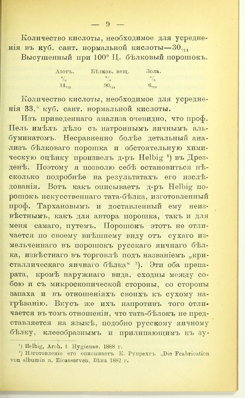 Количество кислоты, необходимое для усрѳдне- нія въ куб. сайт, нормальной кислоты—30,31 Высушенный при 100'^ Ц. бѣлковый порошокъ. Азотъ. Бѣлков. вещ. Зола. /о /о /о 14,33 90,34 б.рд Количество кислоты, необходимое для усредне- нія 33,^ куб. сайт, нормальной кислоты. Изъ приведеннаго анализа очевидно, что проф. Пель имѣлъ дѣло съ натроннымъ яичнымъ аль- буминатомъ. Несравненно болѣе детальный ана- лизъ бѣлковаго порошка и обстоятельную хими- ческую оцѣнку произвелъ д-ръ НеІЪі^ въ Дрѳз- денѣ. Поэтому я позволю себѣ остановиться нѣ- сколько подробнѣе на результатахъ его изслѣ- дованія. Вотъ какъ описываетъ д-ръ НеІЪі^ по- рошокъ искусственнаго тата-бѣлка, изготовленный проф. Тархановымъ и доставленный ему неиз- вѣстнымъ, какъ для автора порошка, такъ и для меня самаго, путемъ. Порошокъ этотъ не отли- чается по своему внѣшнему виду отъ сухаго из- мѳльченнаго въ порошокъ русскаго яичнаго бѣл- ка, извѣстнаго въ торговлѣ подъ названіемъ „кри- сталлическаго яичнаго бѣлка ^). Эти оба препа- рата, кромѣ наружнаго вида, сходны между со- бою и съ микроскопической стороны, со стороны запаха и въ отношеніяхъ своихъ къ сухому на- грѣванію. Вкусъ же ихъ напротивъ того отли- чается въ томъ отношеніи, что тата-бѣлокъ не пред- ставляется на языкѣ, подобно русскому яичному бѣлку, клееобразнымъ и прилипаюп];имъ къ зу- ') Не1Ъі§, АгсЪ. Ъ Ну§іепае. 1888 г. '^) И.зготовленіе его описываетъ К, Рулрехтъ „Біе ГеаЪгісаіііоп ѵоп аІЬитіп п. Еісапзѳгѵѳп, Вѣна 1882 г.