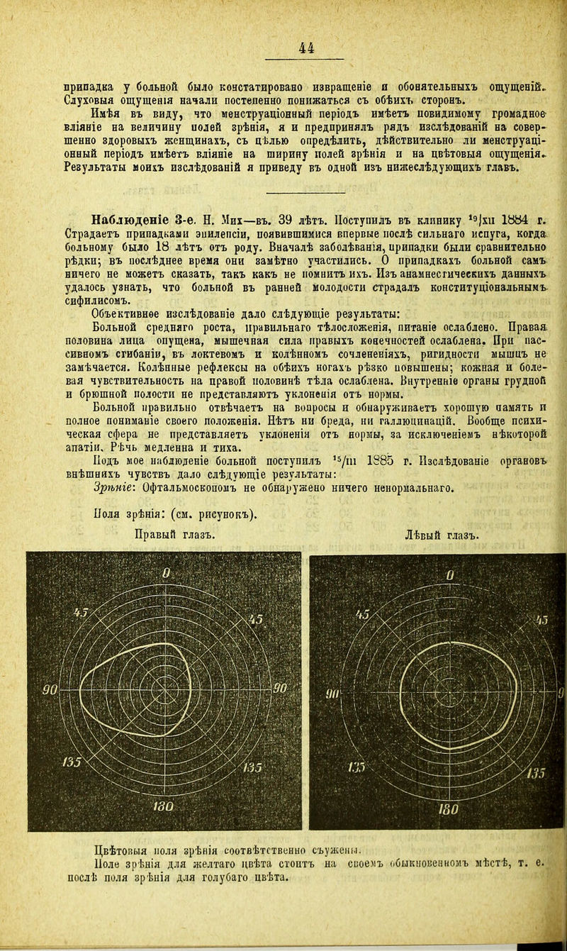 припадка у больной было коиетатировано извращеніе я обонятельныхъ ощущеній.. Слуховыя ощущенія начали постепенно понижаться съ обѣихъ сторонъ. Имѣя въ виду, что менструаціонный періодъ имѣеть невидимому громадное- вліаніе на величину нолей зрѣнія, я в предпринялъ рядъ взслѣдованій на совер- шенно здоровыхъ жснщинахъ, съ цѣлью опредѣлить, дѣйствительно ли менструаці- онный періодъ имѣетъ вліяніе на ширину полей зрѣнія и на цвѣтовыя ощущенія» Результаты моихъ изслѣдованій я приведу въ одной изъ нижеслѣдующихъ главъ. Наблюденіе 3-е. Н. Мих—въ. 39 лѣтъ. Поступилъ въ клинику *5)хп 18Ь4 г. Страдаетъ припадками эиилепсіи, появившимися впервые послѣ сильнаго испуга, когда, больному было 18 лѣтъ отъ роду. Вначалѣ заболѣванія, припадки были сравнительно рѣдки; въ послѣднее время они замѣтно участились. О припадкахъ больной самъ ничего не можетъ сказать, такъ какъ не помнитъихъ. Изъ анамяесгичеекихъ данныхъ удалось угнать, что больной въ ранней молодости страдалъ конституціональнымъ сифилисомъ. Объективное изслѣдованіѳ дало слѣдующіе результаты: Больной средняго роста, ііравильнаго тѣлосложенія, питаніе ослаблено. Праваа половина лица опущена, мышечная сила ігравыхъ конечностей ослаблена. При пас- сивномъ сгибаніи, въ локтевомъ и колѣнномъ сочлененіяхъ, ригидности мышпъ не замѣчается. Колѣнные рефлексы на сбѣихъ ногахъ рѣзко повышены; кожная и боле- вая чувствительность на правой половинѣ тѣла ослаблена. Внутреннів органы грудной и брюшной полости не предстапляютъ уклонеиія отъ нормы. Больной правильно отвѣчаетъ на вопросы и обнаруживаетъ хорошую память п полное пониманіе своего положенія. Нѣтъ ни бреда, ни галлюцииацій. Вообще психи- ческая сфера не представляетъ уклоненія отъ нормы, за исключеніемъ нѣкоторой апатін. Рѣчь медленна и тиха. ІІодъ мое наблюденіе больной поступилъ '^/іп 1885 г. Изслѣдованіе оргавовъ Енѣшнихъ чувствъ дало слѣдующіе результаты: Зрѣніе: Офтальмоскопомъ не обнаружено ничего ненормальнаго. Поля зрѣнія: (см. риеунопъ). Правый глазъ. Лѣвый глазъ. Цвѣтовыя поля зрѣнія соотвѣтственно съужеиы. Поле зрѣнія для желтаго цвѣта стоптъ на сиоемъ (.быкііоненномъ мѣстѣ, т. е. послѣ поля зрѣнія для голубаго цвѣта.