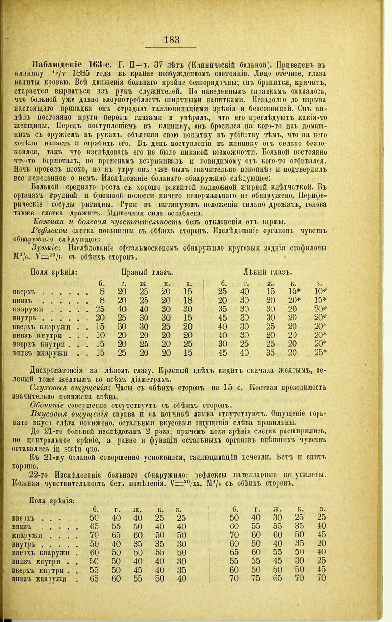 Наблюденіе 163-е. Г. П—ъ. 37 лѣтъ (Клиническій больной). Приведенъ въ клинику 1885 года въ крайне возбужденнолъ состояніи. Лицо отечное, глаза налиты кровью. Всѣ движенія больнаго крайне безпорядочны; онъ бранится, кричитъ, старается вырваться изъ рукъ служителей. По наведеннымъ справкамъ оказалось, что больной уже давно злоуиотребляетъ спиртными напитками. Незадолго до взрыва настоящаго припадка онъ страдалъ галлюцинаціяын зрѣнія и безсонницей. Онъ ви- дѣлъ постоянно круги передъ глазами и увѣрялъ, что его преслѣдуіотъ какія-то асенщины. Передъ ііоступлепіемъ въ клинику, онъ бросился па кого-то изъ домаш- нихъ съ оружіемъ въ рукахъ, объясняя свою попытку къ убійству тѣмъ, что на него хотѣли напасть и ограбить его. Въ день иоступленія въ клинику онъ сильно безпо- коился, такъ что изслѣдовать его не было никакой возможности. Больной постоянно что-то бормоталъ, по временамъ вскрикнвалъ и повидимоыу отъ кого-то отбивался. Ночь ировелъ цлохо, по къ утру онъ ^же былъ значительно покойнѣе и подтвердилъ все переданное о немъ. Изслѣдованіе больнаго обнаружило слѣдующее: Больной средняго роста съ хорошо развитой подкожной ашрной клѣтчаткой. Въ органахъ грудной и брюшной полости ничего ненормальнаго не обнаружено. Нерифе- рическіе сосуды ригидны. Руки въ вытянутомъ положеніи сильно дрожатъ, голова также слегка дрожитъ. Мышечная сила ослаблена. Еожная и болевая чувствительность безъ отклоненія отъ нормы. Рефлексы слегка повышены съ обѣихъ сторонъ. Изслѣдованіе органовъ чуветвъ обнаруз*ило слѣдующее: Зрѣніе: Изслѣдованіе офтальмоскопоыъ обнаружило круговыя заднія стафиломы М'/с. Ѵ^^^/ь еъ обѣихъ сторонъ. Поля зрѣнія Правый глазъ. Лѣвый глазъ. б. г. ж. Е. 3. б. г. ж. к. 3. 20 25 20 15 25 40 15 15* 10* 8 20 25 20 18 20 30 20 20* 15* 25 40 40 30 30 35 30 30 20 20* 20 25 30 30 15 45 30 30 20 20* вверхъ кнаружи . . 15 30 30 25 20 40 30 25 20 20* внизъ кнутри . . . 10 20 20 20 20 40 80 20 23 20* вверхъ кнутри . . . 15 20 25 20 25 30 25 25 20 20* внизъ кнаружи . „ 15 25 20 20 15 45 40 35 20 25* Дисхроматопсія на лѣвомъ глазу. Красный цвѣтъ видитъ сначала желтымъ, зе- леный тоже желтымъ во всѣхъ діаметрахъ. Слуховыл ощущенія: Часы съ обѣихъ сторонъ на 15 с. Костная проводимость значительно понижена слѣва. Обоняніе совершенно отс}тствуетъ съ обѣихъ сторонъ. Вкусоѳыя ощущенія справа и на кончикѣ языка отсутствуютъ. Ощущеніе горь- каго вкуса слѣва понижено, остальныя вкусовыя ощущенія слѣва правильны. До 21-го больной нзслѣдованъ 2 раза; причемъ поля зрѣнія слегка расширились, но центральное зрѣніе, а равно и функціи остальныхъ органовъ внѣшнихъ чуветвъ оставались іп віаіи ^по. Къ 21-му больной совершенно успокоился, галлюцинаціи исчезли. Ѣстъ и спитъ хорошо. 22-го Изслѣдованіе больнаго обнаружило: рефлексы пателларные не усилены. Кожная чувствительность безъ измѣненія. Ѵ^^^/хх. М*/б съ обѣихъ сторонъ. Поля зрѣнія: б. г. ж. к. б. г. к. 8. вверхъ . . , . , 50 40 40 25 25 50 40 30 25 25 внизъ 65 55 50 40 40 60 55 55 35 40 кнаружи . . , . 70 65 60 50 50 70 60 60 50 45 внутрь 50 40 35 35 30 60 50 40 35 20 вверхъ кнаружи . 60 50 50 55 50 65 60 55 50 40 внизъ кнутри . . 50 50 40 40 30 55 55 45 30 25 вверхъ кнутри . . 55 50 45 40 35 60 50 50 50 45 внизъ кнарулси . 65 60 55 50 40 70 75 65 70 70