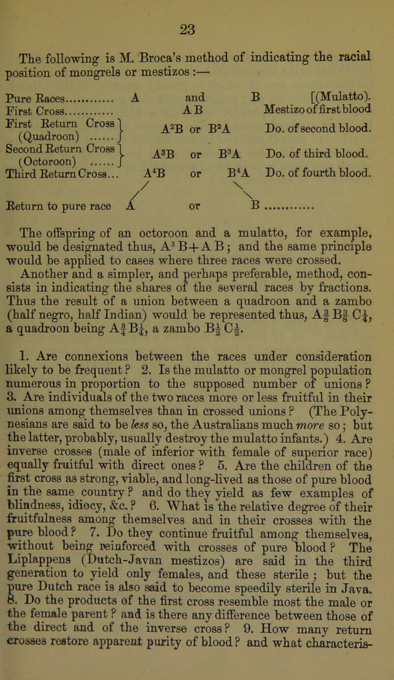 The following is M. Broca’s method of indicating the racial position of mongrels or mestizos :— Pure Kaces A First Cross First Eeturn Cross'! (Quadroon) J Second Eeturn Cross'! (Octoroon) J Third Eetiurn Cross... Eeturn to pure race / and B AB A=“B or B*A A^B or B^A A*B or B*A / \ \ or B [(Mulatto). Mestizo of first blood Do. of second blood. Do. of third blood. Do. of fourth blood. The offspring of an octoroon and a mulatto, for example, would he designated thus, A® B+A B; and the same principle would he applied to cases where three races were crossed. Another and a simpler, and perhaps preferable, method, con- sists in indicating the shares of the several races by fractions. Thus the result of a union between a quadroon and a zambo (half negro, half Indian) would be represented thus, Af Bf C J, a quadroon being Af Bj, a zambo Bg O5. 1. Are connexions between the races under consideration likely to be firequent ? 2. Is the mulatto or mongrel population numerous in proportion to the supposed number of unions ? 3. Are individuals of the two races more or less fruitful in their imions among themselves than in crossed unions ? (The Poly- nesians are said to be less so, the Australians much more so; but the latter, probably, usually destroy the mulatto infants.^ 4. Are inverse crosses (male of inferior with female of superior race) equally fruitful with direct ones ? 6. Are the children of the first cross as strong, viable, and long-lived as those of pure blood in the same country ? and do they yield as few examples of blindness, idiocy, &c. ? 6. 'What is the relative degree of their fruitfulness among themselves and in their crosses with the pure blood 7. Do they continue fruitful among themselves, without being reinforced with crosses of pure blood ? The Liplappens (Dutch-Javan mestizos) are said in the third generation to yield only females, and these sterile ; but the pure Dutch race is also said to become speedily sterile in Java. 8. Do the products of the first cross resemble most the male or the female parent ? and is there any difference between those of the direct and of the inverse cross ? 9. How many return crosses restore apparent purity of blood P and what characteris-