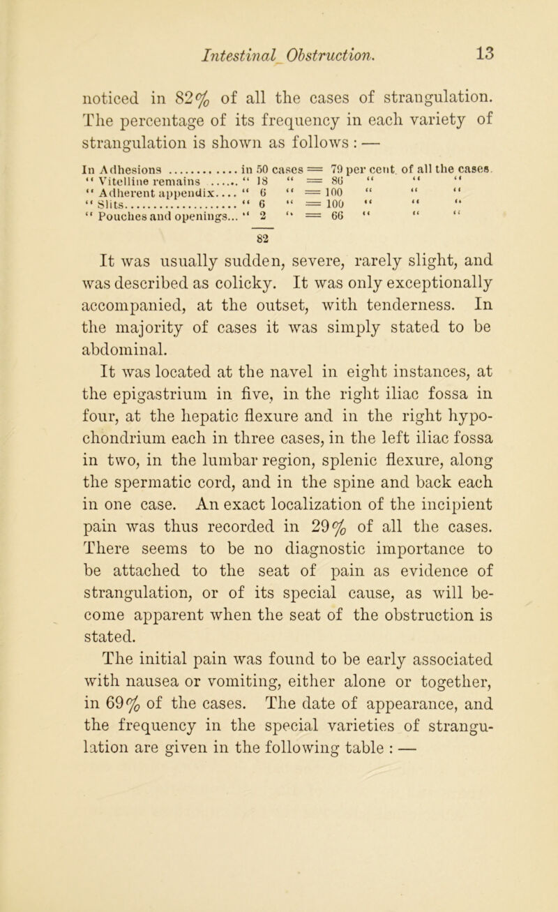 noticed in 82% of all the cases of strangulation. The percentage of its frequency in each variety of strangulation is shown as follows : — In Adhesions in 50 cases = 79 per cent of all the cases “ Vitelline remains “ 18 “ = 80 “ “  Adherent appendix.... “ 0 “ =100 “ “ “ “ Slits “ G “ = 100 “ “ “ “ Pouches and openings... “ 2 “ = 66 “ “ 82 It was usually sudden, severe, rarely slight, and was described as colicky. It was only exceptionally accompanied, at the outset, with tenderness. In the majority of cases it was simply stated to be abdominal. It was located at the navel in eight instances, at the epigastrium in five, in the right iliac fossa in four, at the hepatic flexure and in the right hypo- chondrium each in three cases, in the left iliac fossa in two, in the lumbar region, splenic flexure, along the spermatic cord, and in the spine and back each in one case. An exact localization of the incipient pain was thus recorded in 29% of all the cases. There seems to be no diagnostic importance to be attached to the seat of pain as evidence of strangulation, or of its special cause, as will be- come apparent when the seat of the obstruction is stated. The initial pain was found to be early associated with nausea or vomiting, either alone or together, in 69% of the cases. The date of appearance, and the frequency in the special varieties of strangu- lation are given in the following table : —