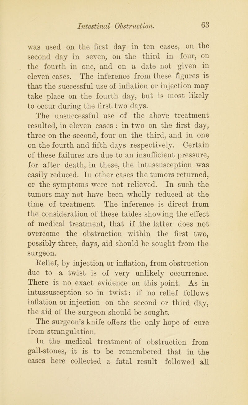 was used on the first day in ten cases, on the second day in seven, on the third in four, on the fourth in one, and on a date not given in eleven cases. The inference from these figures is that the successful use of inflation or injection may take place on the fourth day, but is most likely to occur during the first two days. The unsuccessful use of the above treatment resulted, in eleven cases : in two on the first day, three on the second, four on the third, and in one on the fourth and fifth days respectively. Certain of these failures are due to an insufficient pressure, for after death, in these, the intussusception was easily reduced. In other cases the tumors returned, or the symptoms were not relieved. In such the tumors may not have been wholly reduced at the time of treatment. The inference is direct from the consideration of these tables showing the effect of medical treatment, that if the latter does not overcome the obstruction within the first two, possibly three, days, aid should be sought from the surgeon. Relief, by injection or inflation, from obstruction due to a twist is of very unlikely occurrence. There is no exact evidence on this point. As in intussusception so in twist: if no relief follows inflation or injection on the second or third day, the aid of the surgeon should be sought. The surgeon’s knife offers the only hope of cure from strangulation. In the medical treatment of obstruction from gall-stones, it is to be remembered that in the cases here collected a fatal result followed all