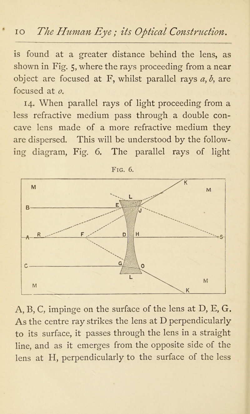 is found at a greater distance behind the lens, as shown in Fig. 5, where the rays proceeding from a near object are focused at F, whilst parallel rays a,b, are focused at o. 14. When parallel rays of light proceeding from a less refractive medium pass through a double con- cave lens made of a more refractive medium they are dispersed. This will be understood by the follow- ing diagram, Fig. 6. The parallel rays of light A, B, C, impinge on the surface of the lens at D, E, G. As the centre ray strikes the lens at D perpendicularly to its surface, it passes through the lens in a straight line, and as it emerges from the opposite side of the lens at H, perpendicularly to the surface of the less