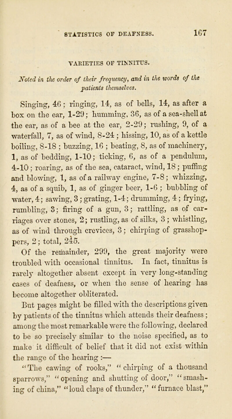 1G7 VARIETIES OF TINNITUS. Noted in the order of their frequency, and in the words of the patients themselves. Singing, 46; ringing, 14, as of bells, 14, as after a box on tlie ear, 1-29; bumming, 36, as of a sea-shell at the ear, as of a bee at the ear, 2-29; rushing, 9, of a waterfall, 7, as of wind, 8-24 ; hissing, 10, as of a kettle boiling, 8-18 ; buzzing, 16 ; beating, 8, as of machinery, 1, as of bedding, 1-10; ticking, 6, as of a pendulum, 4-10; roaring, as of the sea, cataract, wind, 18; puffing and blowing, 1, as of a railway engine, 7-8; whizzing, 4, as of a squib, 1, as of ginger beer, 1-6 ; bubbling of water, 4; sawing, 3 ; grating, 1-4; drumming, 4 ; frying, rumbling, 3; firing of a gun, 3; rattling, as of car- riages over stones, 2; rustling, as of silks, 3 ; whistling, as of wind through crevices, 3; chirping of grasshop- pers, 2; total, 245. Of the remainder, 299, the great majority were troubled with occasional tinnitus. In fact, tinnitus is rarely altogether absent except in very long-standing cases of deafness, or when the sense of hearing has become altogether obliterated. But pages might be filled with the descriptions given by patients of the tinnitus which attends their deafness ; among the most remarkable were the following, declared to be so precisely similar to the noise specified, as to make it difficult of belief that it did not exist within the range of the hearing “The cawing of rooks,” “ chirping of a thousand sparrows,” “opening and shutting of door,” “smash- ing of china,” “loud claps of thunder,” “ furnace blast,”