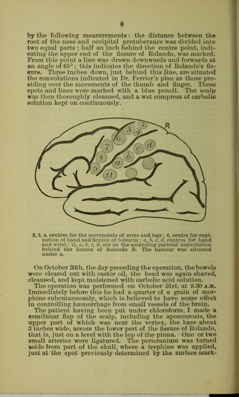 by the following measurements: the distance between the root of the nose and occipital protuberance was divided into two equal parts ; half an inch behind the centre point, indi- cating the upper end of the fissure of Rolando, was marked. From this point a line was drawn downwards and forwards at an angle of 65° ; this indicates the direction of Rolando’s fis- sure. Three inches down, just behind this line, are situated the convolutions indicated in Dr. Ferrier’s plan as those pre- siding over the movements of the thumb and finger. These spots and lines were marked with a blue pencil. The scalp was then thoroughly cleansed, and a wet compress of carbolic solution kept on continuously. 3, 3, 4, centres for the movements of arms and legs ; 6, centre for supi- nation of hand and flexion of forearm ; a, 5, c, d, centres for hand and wrist; 11, a, 6, c, d, are on the ascending parietal convolution behind the Assure of Rolando R. The tumour was situated under a. On October 30th, the day preceding the operation, the bowels were cleared out with castor oil, the head was again shaved, cleansed, and kept moistened with carbolic acid solution. The operation was performed on October 31st, at 9.30 a.m. Immediately before this he had a quarter of a grain of mor- phine subcutaneously, which is believed to have some effect in controlling haemorrhage from small vessels of the brain. The patient having been put under chloroform, I made a semilunar fiap of the scalp, including the aponeurosis, the upper part of which was near the vertex, the base about 3 inches wide, across the lower part of the fissure of Rolando, that is, just on a level with the top of the pinna. One or two small arteries were ligatured. The pericranium was turned aside from part of the skull, where a trephine was applied, just at the spot previously determined by the surface mark-