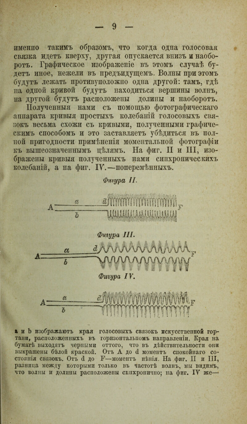 именно такимъ образомъ, что когда одна голосовая связка идетъ кверху, другая опускается внизъ и наобо- ротъ. Графическое изображеніе въ этомъ случаѣ бу- детъ иное, нежели въ предъидущемъ. Волны при этомъ будутъ лежать противуположно одна другой: тамъ, гдѣ на одной кривой будутъ находиться вершины волнъ, на другой будутъ расположены долины и наоборотъ. Полученныя нами съ помощью фотографическаго аппарата кривыя простыхъ колебаній голосовыхъ свя- зокъ весьма схожи съ кривыми, полученными графиче- скимъ способомъ и это застав.ігяетъ убѣдиться въ пол- ной пригодности примѣненія моментальной фотографіи къ вышеозначеннымъ цѣлямъ. На фиг. II и III, изо- бражены кривыя полученныхъ нами синхроническихъ колебаній, а на фиг. ІТ.—поперемѣнныхъ. Фигура II. Фигура III. » и Ь изображаютъ края голосовыхъ связокъ искусственной гор- тани, расположенныхъ въ горизонтальномъ направленіи. Края на бумагѣ выходятъ черными оттого, что въ дѣйствительности они выкрашены бѣлой краской. Отъ А до й моментъ спокойнаго со- стоянія связокъ. Отъ й до Г—моментъ пѣнія. На фиг. II и III, разница между которыми только въ частотѣ волнъ, мы видимъ, что волны и долины расположены свнхронично; на фиг. ІТ же—