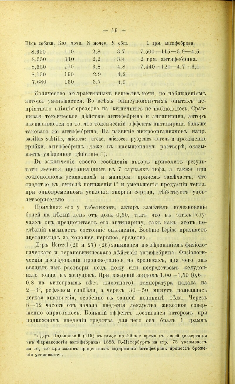 Вѣсъ собаки. Кол. мочи. N мочев. N общ. 1 грм. антифебриаа. 8,650 ПО 2,8 3,7 7,500-115—3,9—4,5 8,550 ПО 2,2 3,4 2 грм. антифебрина. 8,350 170 3,8 4,8 7,440 - 120—4,7—6,1 8,130 160 2,9 4,2 7,680 160 3,7 4,9 Количество экстрактивныхъ веществъ мочи, но наблюденіямъ автора, уменьшается. Во всѣхъ вышеупомянутыхъ опытахъ не- пріятнаго вліянія средства па кишечникъ не наблюдалось. Срав- нивая токсическое дѣйствіе антифебрина и антипирина, авторъ высказывается за то, что токсическій эффектъ антипирина больше таковаго же антифебрина, На развитіе микроорганизмовъ, напр. Ьасіііиз $иЬШБ, шісгосое. игеае, тіегосос руо^епез аигенз и дрожжевые грибки, аптифебринъ, даже въ насыщенномъ растворѣ, оказы- ваетъ умѣренное дѣйствіе *). Въ заключеніе своего сообщенія авторъ приводитъ резуль- таты леченія ацетанилидомъ въ 7 случаяхъ тифа, а также при сочленовномъ ревматизмѣ и маляріи, причемъ замѣчаетъ, что средство въ смыслѣ пониженія 1° и уменьшенія продукціи тепла, при одновременномъ усиленія энергіи сердца, дѣйствуетъ удов- летворительно. Примѣняя его у табетиковъ, авторъ замѣтилъ исчезновеніе болей на цѣлый день отъ дозы 0,50, такъ что въ этихъ слу- чаяхъ онъ предпочитаетъ его антипирину, такъ какъ этотъ по- слѣдній вызываетъ состояніе опьяненія. Вообще Ьёріие признаетъ ацетанилидъ за хорошее нервное средство. Д-ръ Негсгеі (26 и 27) (26) занимался изслѣдованіемъ физіоло- гическаго и терапевитическаго дѣйствія антифебрина. Физіологи- ческія изслѣдованія производились на кроликахъ, для чего онъ вводилъ имъ растворы подъ кожу или посредствомъ желудоч- наго зонда въ желудокъ. При введеній зондомъ 1,00 —1,50 (0,6— 0,8 на килограммъ вѣса животнаго), температура падала на 2—3й, рефлексы слабѣли, а черезъ 30 — 50 минутъ появлялась легкая анальгезія, особенно въ задней половинѣ тѣла. Черезъ 8—12 часовъ отъ начала введенія лекарства животное совер- шенно оправлялось. Большій эффектъ достигался авторомъ при подкожномъ введеніи средства, для чего онъ бралъ 1 граммъ *) Д-ръ ІІодановскій (115) въ самое новѣйшее время въ своей диссертаціи «къ Фармакологіи антифебрина» 1888. О.-Петербургъ на стр. 75 указываетъ на то, что при маломъ процентномъ содержаніи антифебрина процессъ броже- нія усиливается.