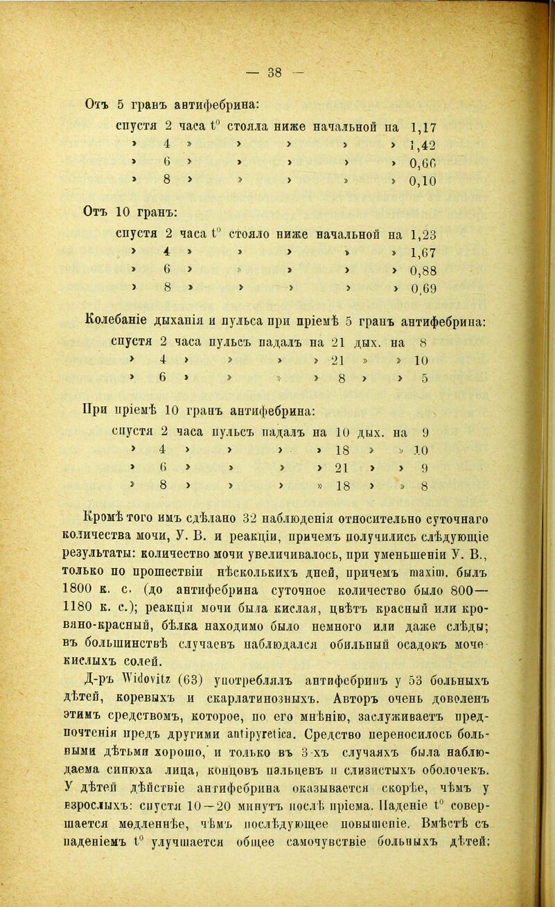 Отъ 5 гранъ антифебрина: спустя 2 часа 1° стояла ниже начальной па 1,17 } 4 > > > > 1,42 > 6 > » > > > 0,66 > 8 > У У » 0,10 Отъ 10 гранъ: спустя 2 часа 1° стояло ниже начальной на 1,23 > 4 > » > 1,67 > 6 > » » > > 0,88 > 8 » > > > > 0,69 Колебаніе дыханія и пульса при пріемѣ 5 гранъ антифебрина: спустя 2 часа пульсъ падалъ па 21 дых. на 8 > 4 > » > > 21 » У 10 » 6 > > » > 8 У У 5 При пріемѣ 10 гранъ антифебрина: спустя 2 часа нульсъ падалъ на 10 дых. на 9 > 4 > > > і 18 > » .10 > 6 > > > 21 У У 9 8 > > > » 18 У » 8 Кромѣ того имъ сдѣлано 32 наблюденія относительно суточнаго количества мочи, У. В. и реакціи, причемъ получились слѣдующіе результаты: количество мочи увеличивалось, при уменьшеніи У. В., только по прошествіи нѣсколькихъ дней, причемъ тахіт. былъ 1800 к. с. (до антифебрина суточное количество было 800— 1180 к. с.); реакція мочи была кислая, цвѣтъ красный или кро- вяно-красный, бѣлка находимо было немного или даже слѣды; въ большинствѣ случаевъ наблюдался обильпый осадокъ моче- кислыхъ солей. Д-ръ У'іііоѵііг (63) употреблялъ антифебринъ у 53 больныхъ дѣтей, коревыхъ и скарлатинозныхъ. Авторъ очень доволенъ этимъ средствомъ, которое, по его мнѣнію, заслуживаетъ пред- почтенія предъ другими апііругеііса. Средство переносилось боль- выми дѣтьми хорошо,’ и только въ 3-хъ случаяхъ была наблю- даема синюха лица, концовъ пальцевъ и слизистыхъ оболочекъ. У дѣтей дѣйствіе антифебрина оказывается скорѣе, чѣмъ у Езрос.іыхъ: спустя 10 — 20 минутъ послѣ пріема. Паденіе 1° совер- шается медленнѣе, чѣмъ послѣдующее повышеніе. Вмѣстѣ съ паденіемъ 1° улучшается общее самочувствіе больвыхъ дѣтей: