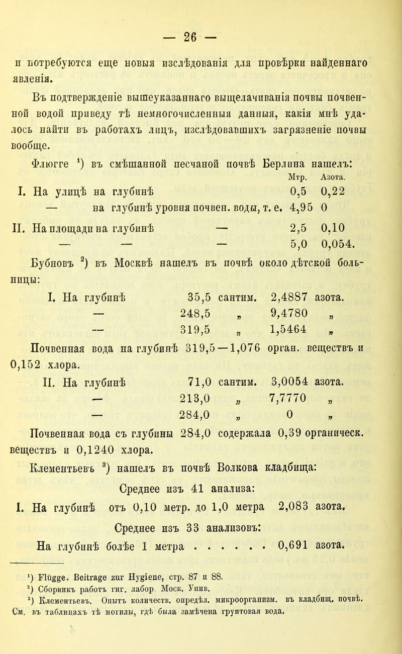 и потребуются еще новыя изслѣдовавія для провѣрки найдеенаго явленія. Въ подтвержденіе вытеуказаннаго выщелачиванія почвы почвен- ной водой приведу тѣ немногочисленныя данныя, какія мнѣ уда- лось найти въ работахъ лицъ, изслѣдовавшихъ загрязаеніе почвы вообще. Флюгге въ смѣшанной песчаной почвѣ Берлина нашелъ: Мтр. Азота. I. На улицѣ на глубинѣ 0,5 0,22 — на глубинѣ уровня почвен. воды, т. е. 4,95 О II. На площади на глубинѣ — 2,5 0.10 — — — 5,0 0,054. Бубновъ въ Москвѣ нашелъ въ почвѣ около дѣтской боль- ницы: I. На глубинѣ 35,5 сантим, 2,4887 азота. — 248,5 „ 9,4780 ~ 319,5 „ 1,5464 Почвенная вода на глубинѣ 319,5 — 1,076 орган, веществъ и 0,152 хлора. II. На глубинѣ 71,0 сантим. 3,0054 азота. — 213,0 7,7770 — 284,0 „ О Почвенная вода съ глубины 284,0 содержала 0,39 органичесв. веществъ и 0,1240 хлора. Клементьевъ нашелъ въ почвѣ Волкова кладбища: Среднее изъ 41 анализа: I. На глубинѣ отъ 0,10 метр, до 1,0 метра 2,083 азота. Среднее изъ 33 анализовъ: На глубинѣ болѣе 1 метра 0,691 азота. Ий^ее. Веіігаде гиг Нудіепе, стр. 87 и 88. Сборникъ работъ гиг, лабор. Моск. Унив. Клементьевъ. Опытъ количеств, опредѣл. микроорганизм, въ кладбищ, почвѣ. См. въ таблидахъ тѣ могилы, гдѣ была замѣчена грунтовая вода.