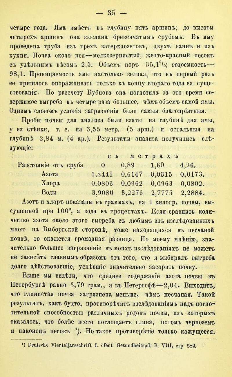 - 36 - четыре года. Яма имѣетъ въ глубину пять аршинъ; до высоты четырехъ аршинъ она выслана бревенчатымъ срубомъ. Въ яму проведена труба изъ трехъ ватерклозетовъ, двухъ ваннъ и изъ кухни. Почва около нея—мелкозернистый, желто-красный песокъ съ удѣльиымъ вѣсомъ 2,5. Объемъ поръ 35,і''/о; водоемкость— 98,1. Проницаемость ямы настолько велика, что въ первый разъ ее пришлось опоражнивать только къ концу втораго года ея суи^е- етвованія. По разсчету Бубнова она поглотила за это время со- держимое выгреба въ четыре раза большее, чѣмъ объемъ самой ямы. Однимъ словомъ условія загрязненія были самыя благопріятныя. Пробы почвы для анализа были взяты на глубинѣ дна ямы, у ея стѣнки. т. е. на 3,55 метр. (5 арш.) и остальныя на глубинѣ 2,84 м. (4 ар.). Результаты анализа получились слѣ- дующіе: въ метрахъ Разстояніе отъ сруба О 0,89 1,60 4,26. Азота 1,8441 0,6147 0,0315 0,0173. Хлора 0,0803 0,0962 0,0963 0,0802. Воды 3,9080 3,2276 2,7775 2,2884. Азотъ и хлоръ показаны въ граммахъ, на 1 килогр. почвы, вы- сушенной при 100°, а вода въ процентахъ. Если сравнить коли- чество азота около этого выгреба съ любымъ изъ изслѣдованныхъ мною на Выборгской сторонѣ, тоже находящихся въ песчаной почвѣ, то окажется громадная разница. По моему мнѣнію, зна- чительно большее загрязненіе въ моихъ изслѣдованіяхъ не можетъ не зависѣть главнымъ образомъ отъ того, что я выбиралъ выгреба долго дѣйствовавшіе, успѣвшіе значительно засорить почву. Выше мы видѣли, что среднее содержаніе азота почвы въ Петербургѣ равно 3,79 грам., а въ Петергофѣ—2,04. Выходитъ> что глинистая почва загрязнена меньше, чѣмъ песчаная. Такой результатъ, какъ будто, противорѣчитъ изслѣдованіямъ надъ погло- тительной способностью различныхъ родовъ почвы, изъ которыхъ оказалось, что болѣе всего логлош,аетъ глина, потомъ черноземъ и наконецъ песокъ Но такое противорѣчіе только кажущееся. ') БеиізеЬе ѴіегІеЦагззсЬгіа і. оЫЬ. аевипсІЬеіізрй. В. VIII, стр 582.