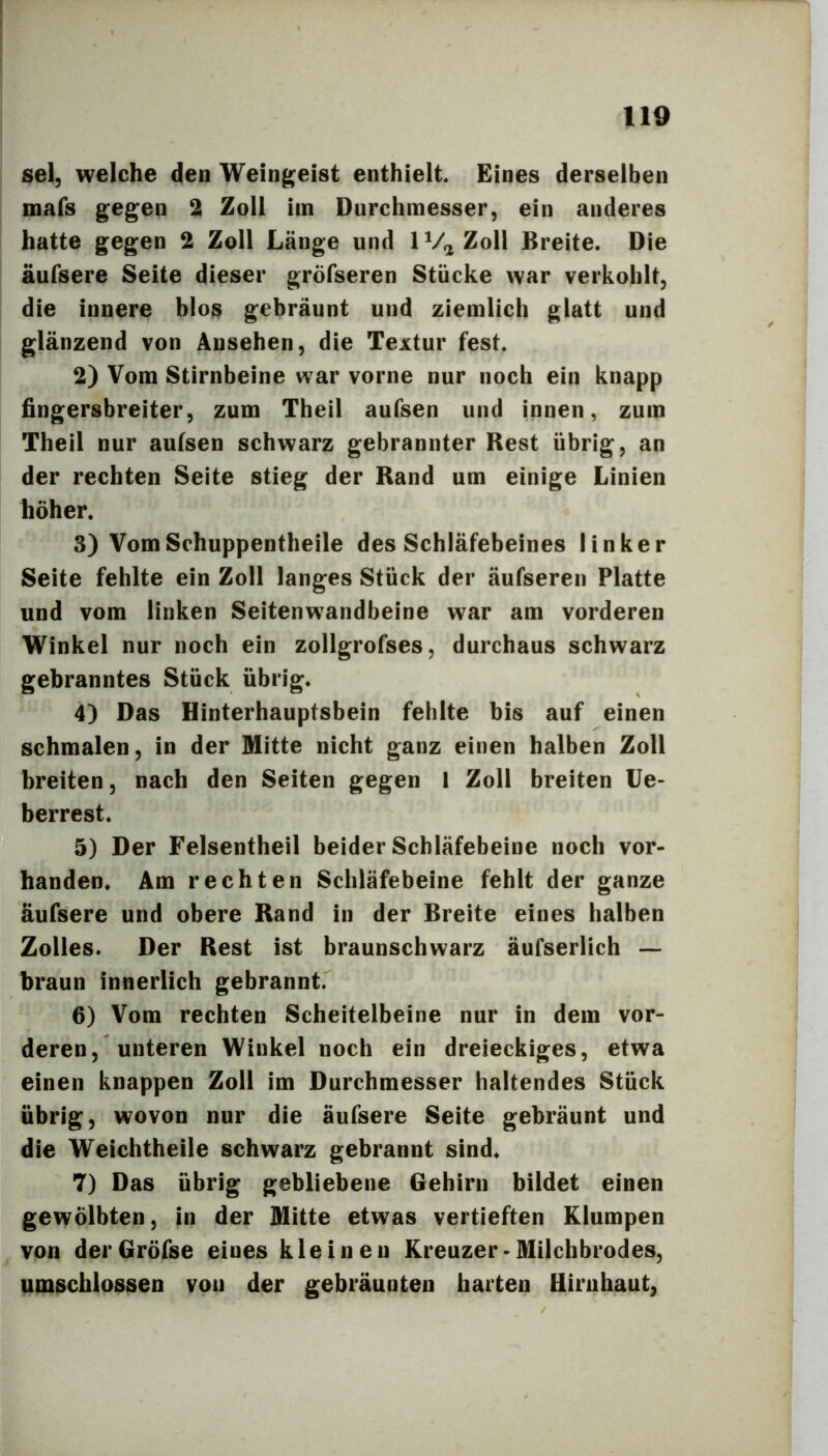 sei, welche den Weing;ei8t enthielt. Eines derselben mafs gegen 2 Zoll iin Durchmesser, ein anderes hatte gegen 2 Zoll Länge und IV^^Zoll Breite. Die äufsere Seite dieser gröfseren Stücke war verkohlt, die innere blos gebräunt und ziemlich glatt und glänzend von Ansehen, die Textur fest. 2) Vom Stirnbeine war vorne nur noch ein knapp fingersbreiter, zum Theil aufsen und innen, zum Theil nur aufsen schwarz gebrannter Rest übrig, an der rechten Seite stieg der Rand um einige Linien höher. 3) VomSchuppentheile des Schläfebeines linker Seite fehlte ein Zoll langes Stück der äufseren Platte und vom linken Seitenwandbeine war am vorderen Winkel nur noch ein zollgrofses, durchaus schwarz gebranntes Stück übrig. 4) Das Hinterhauptsbein fehlte bis auf einen schmalen, in der Mitte nicht ganz einen halben Zoll breiten, nach den Seiten gegen I Zoll breiten Ue- berrest. 5) Der Felsentheil beider Schläfebeine noch vor- handen. Am rechten Schläfebeine fehlt der ganze äufsere und obere Rand in der Breite eines halben Zolles. Der Rest ist braunschwarz äufserlich — braun innerlich gebrannt. 6) Vom rechten Scheitelbeine nur in dem vor- deren, unteren Winkel noch ein dreieckiges, etwa einen knappen Zoll im Durchmesser haltendes Stück übrig, wovon nur die äufsere Seite gebräunt und die Weichtheile schwarz gebrannt sind. 7) Das übrig gebliebene Gehirn bildet einen gewölbten, in der Mitte etwas vertieften Klumpen von dei’Gröfse eines kleinen Kreuzer-Milchbrodes, umschlossen von der gebräunten harten Hirnhaut,