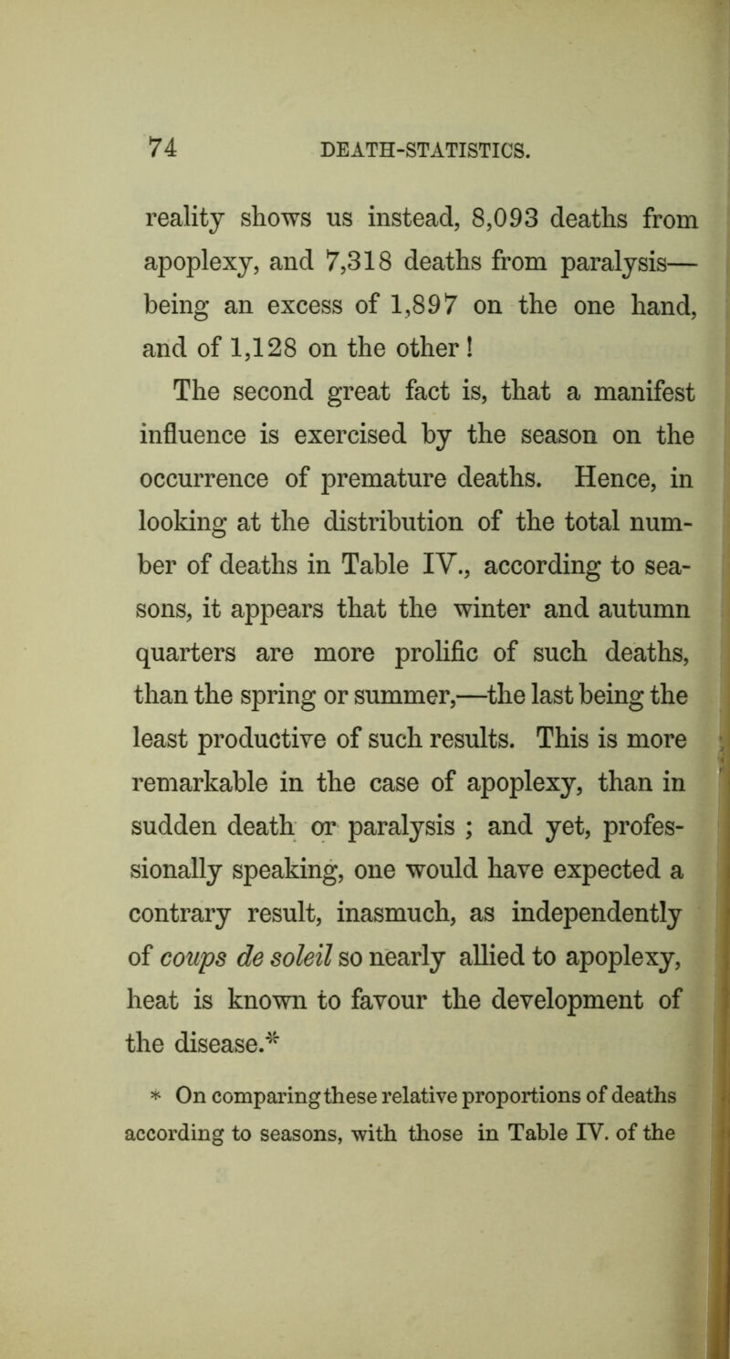 reality shows us instead, 8,093 deaths from apoplexy, and 7,318 deaths from paralysis— being an excess of 1,897 on the one hand, and of 1,128 on the other! The second great fact is, that a manifest influence is exercised by the season on the occurrence of premature deaths. Hence, in looking at the distribution of the total num- ber of deaths in Table IV., according to sea- sons, it appears that the winter and autumn quarters are more prolific of such deaths, than the spring or summer,—^the last being the least productive of such results. This is more remarkable in the case of apoplexy, than in sudden death or paralysis ; and yet, profes- sionally speaking, one would have expected a contrary result, inasmuch, as independently of coups de soldi so nearly allied to apoplexy, heat is known to favour the development of the disease.'®^ ^ On comparing these relative proportions of deaths according to seasons, with those in Table IV. of the