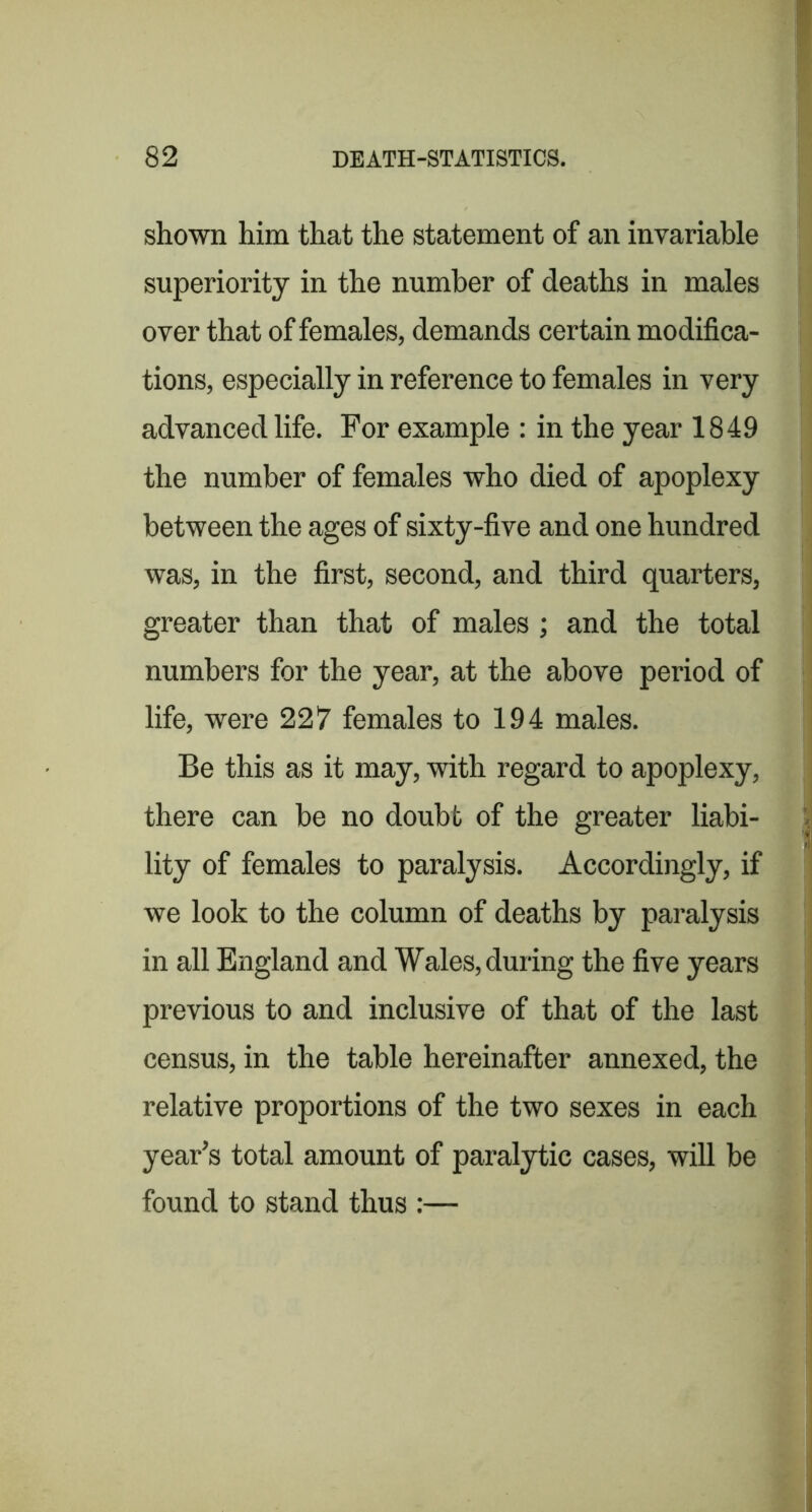 shown him that the statement of an invariable superiority in the number of deaths in males over that of females, demands certain modifica- tions, especially in reference to females in very advanced life. For example : in the year 1849 the number of females who died of apoplexy between the ages of sixty-five and one hundred was, in the first, second, and third quarters, greater than that of males ; and the total numbers for the year, at the above period of life, were 227 females to 194 males. Be this as it may, with regard to apoplexy, there can be no doubt of the greater liabi- lity of females to paralysis. Accordingly, if we look to the column of deaths by paralysis in all England and Wales, during the five years previous to and inclusive of that of the last census, in the table hereinafter annexed, the relative proportions of the two sexes in each year’s total amount of paralytic cases, will be found to stand thus :—