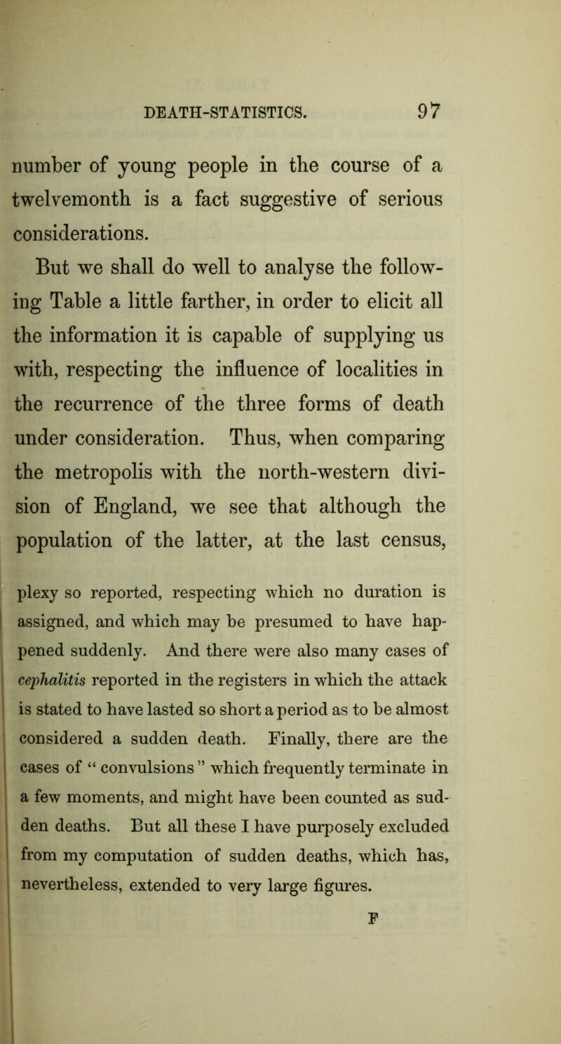 number of young people in the course of a twelvemonth is a fact suggestive of serious considerations. But we shall do well to analyse the follow- ing Table a little farther, in order to elicit all the information it is capable of supplying us with, respecting the influence of localities in the recurrence of the three forms of death under consideration. Thus, when comparing the metropolis with the north-western divi- sion of England, we see that although the population of the latter, at the last census, plexy so reported, respecting which no duration is assigned, and which may he presumed to have hap- pened suddenly. And there were also many cases of cephalitis in the registers in which the attack is stated to have lasted so short a period as to he almost considered a sudden death. Finally, there are the cases of “ convulsions ” which frequently terminate in a few moments, and might have been coimted as sud- den deaths. But all these I have purposely excluded I from my computation of sudden deaths, which has, nevertheless, extended to very large figures. F I i I