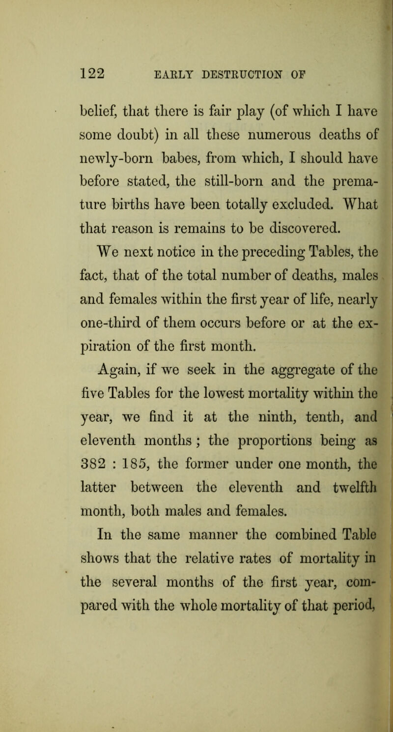 belief, that there is fair play (of which I have some doubt) in all these numerous deaths of newly-born babes, from which, I should have before stated, the still-born and the prema- ture births have been totally excluded. What that reason is remains to be discovered. We next notice in the preceding Tables, the fact, that of the total number of deaths, males and females within the first year of life, nearly one-third of them occurs before or at the ex- piration of the first month. Again, if we seek in the aggregate of the five Tables for the lowest mortality within the year, we find it at the ninth, tenth, and eleventh months; the proportions being as 382 : 185, the former under one month, the latter between the eleventh and twelfth month, both males and females. In the same manner the combined Table shows that the relative rates of mortality in the several months of the first year, com- pared with the whole mortality of that period.