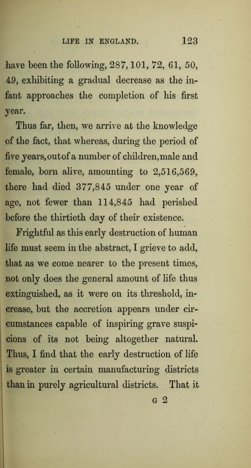 have been the following, 287,101, 72, 61, 50, 49, exhibiting a gradual decrease as the in- fant approaches the completion of his first year. Thus far, then, we arrive at the knowledge of the fact, that whereas, during the period of five years, out of a number of children, male and female, born alive, amounting to 2,516,569, there had died 377,845 under one year of age, not fewer than 114,845 had perished before the thirtieth day of their existence. Frightful as this early destruction of human life must seem in the abstract, I grieve to add, that as we come nearer to the present times, not only does the general amount of life thus extinguished, as it were on its threshold, in- crease, but the accretion appears under cir- cumstances capable of inspiring grave suspi- cions of its not being altogether natural. ! Thus, I find that the early destruction of life j is greater in certain manufacturing districts i than in purely agricultural districts. That it i G 2 1