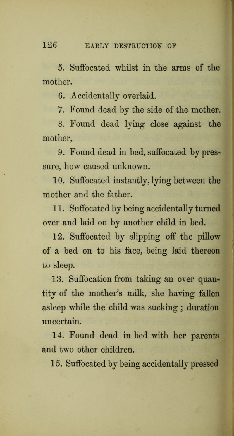 5. Suffocated whilst in the arms of the mother. 6. Accidentally overlaid. 7. Found dead by the side of the mother. 8. Found dead lying close against the mother, 9. Found dead in bed, suffocated by pres- sure, how caused unknown. 10. Suffocated instantly, lying between the mother and the father. 11. Suffocated by being accidentally turned over and laid on by another child in bed. 12. Suffocated by slipping off the pillow of a bed on to his face, being laid thereon to sleep. 13. Suffocation from taking an over quan- tity of the mother’s milk, she having fallen asleep while the child was sucking ; duration uncertain. 14. Found dead in bed with her parents and two other children. 15. Suffocated by being accidentally pressed