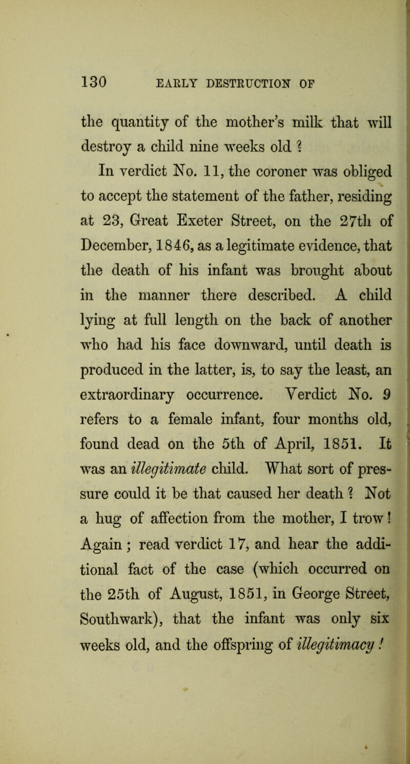 the quantity of the mother’s milk that will destroy a child nine weeks old ? In verdict No. 11, the coroner was obliged to accept the statement of the father, residing at 23, Great Exeter Street, on the 27th of December, 1846, as a legitimate evidence, that the death of his infant was brought about in the manner there described. A child lying at full length on the back of another who had his face downward, until death is produced in the latter, is, to say the least, an extraordinary occurrence. Verdict No. 9 refers to a female infant, four months old, found dead on the 5th of April, 1851. It was an illegitimate child. What sort of pres- sure could it be that caused her death ? Not a hug of affection from the mother, I trow! Again; read verdict 17, and hear the addi- tional fact of the case (which occurred on the 25th of August, 1851, in George Street, Southwark), that the infant was only six weeks old, and the offspring of illegitimacy!