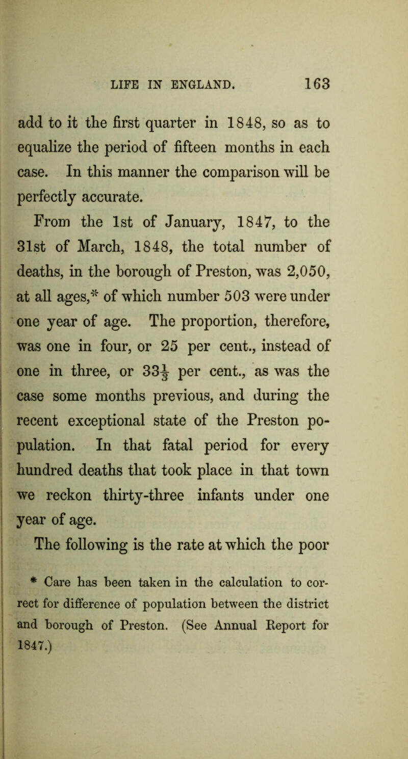 add to it the first quarter in 1848, so as to equalize the period of fifteen months in each case. In this manner the comparison will be perfectly accurate. From the 1st of January, 1847, to the 31st of March, 1848, the total number of deaths, in the borough of Preston, was 2,050, at all ages,* of which number 503 were under one year of age. The proportion, therefore, was one in four, or 25 per cent., instead of one in three, or 33^ per cent., as was the I case some months previous, and during the recent exceptional state of the Preston po- I pulation. In that fatal period for every hundred deaths that took place in that town ' we reckon thirty-three infants under one i year of age. The following is the rate at which the poor 1 * Care has been taken in the calculation to cor- rect for difference of population between the district and borough of Preston, (See Annual Eeport for 1847.) i !
