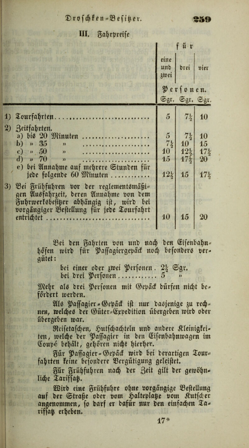 ©rofdfjf en =23 eft&ev. 25» III. gatsrpreife eine für unb brei bter ätoei fPerfon eit. ©gr. @gr. 1) Sourfaijrten 3) 3eüfa&rten. 5 74 10 a) bi$ 20 SDlinuten 5 7| 10 b) » 35 » 10 10 15 c) » 50 » 124 174 174 20 d) » 70 » 15 e) bet Slnnabme auf mehrere ©tunben für jebe folgenbe 60 Minuten 12% 15 174 3) Sei grüijfufyten »pr ber reglement$mäfji= gen ^uofa^rjeit, bereu 3inna^me »on bem gutjrwerfobefiljer abhängig ift, wirb bei »orgängiger Seftettung für jebe Sourfafyrt entrieglet 10 15 20 Sei ben galten oon wnb na<§ ben Stfenbaijn* Reffen wirb für fPaffagtergepcttf ttod) befonberä »er* gütet: bei einer ober gtvei ^Jerfonen. 2| @gr. bei brei fPerfottett 5 » 9)M)r al$ brei fPerfonen mit ©epact burfen ntdd be* forbert werben. 311$ fPaffagier = ®ei)äcE ift nur babjenige ju red^* nen, weites ber ©üter»@:rbebttton übergeben wirb ober übergeben war. 9tcifetafd)en, £utfd)ad)teln unb anberc Äletnigfei- ten, weldtw ber fßaffagier in beit ßifenbafynwagen im Soupe befyält, geboren ni#t Ijterijer. gür fPaffagier=©ebacf wirb bei berartigen Sour* faxten ferne befottbere Sergüttgung geleitet. gür grü^fu|ren nacij ber ßcü öilt ber gewöhn* Ji^e Sariffap. SEBirb eine gri'^fu^re ofyne öorgangige Seftettung auf ber Strafe ober »om Jpaltetola^e »om Äutfder angenommen, fo barf er bafür nur ben einfaden Sa* riffajj ergeben. 17*