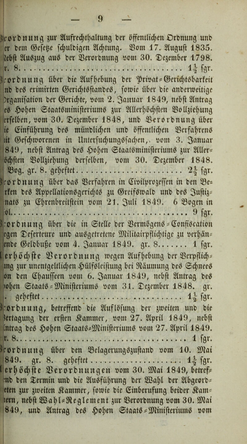 Jjm'bmtttg pr Stufrechtlmltuttg ber öffentlichen ©rbmtng unb er bein ©efe$e fdplbigen Stufung. Sotn d7. Sluguft 1835. jtebft StuSpg aus ber Serorbnung »out 30, ©e^ember 1798. jv. 8 l\ fgr. '.-Orbit u ttg über bte Stuf Hebung ber fpri»at*©ertchtöbarfett nb beS ertmtrten ©erichtsftanbeS, fotote über bte anbertoettige brganifatton ber ©ertcftte, vom 2. 3attuar 1849, nebft Stntrag eS ^>o^ett ©taatSntinifteriumS pr Slllerhöchften Soltjtebung jerfelben, »otn 30. ©ejember 1848, unb S-erotbnung über 'te Einführung beS ntünbltchen unb öffentlichen SSerfa^retiö tit ©efchroorenen in UnterfuchungSfachen,. »otn 3. Januar -849, nebft Stntrag beS Rotten ©taatSminiftertumS pr Silier * ödhfteit Soltjiehung berfelben, vom 30. Dezember 1848. Sog. gr. 8. geheftet fgr. Jrorbttung über baS Serfal;ren in Eioilpojeffen in ben Se= rfen beS SlppeltationSgertchtS p ©reifStoalb unb beS Suftt^ natS p ©hrenbrettftein »otn 21. 3uli 1849. 6 Sogen in ol 9 fgr. J.orbnuttg über bte tn ©teile ber SertnögenS * EonfiSeation egen ©eferteure unb ausgetretene SO^ilitairfpflicfjtige p »erftan* enbe ©elbbttfte »otn 4. Sanuar 1849, gr. 8 1 fgr. ferhÖchfte IBerorbnung wegen Stufhebung berSerpfttch* |tng pr unentgeltlichen #ülfSleiftung bei ffiäuutung beS ©cfmeeS 'on ben Elpuffeen »om 6. Sanuar 1849, nebft Slntrag beS hohen ©taatS *SDiinifteriumS »om 31. ©e^ember 1848. gr. ♦ l^fgr* iorbnung, betreffenb bte Sluflöfung ber pteiten unb bte Vertagung ber erfteit Kammer, »otn 27. Slpril 1849, nebft tntrag beS #ohen ©taatS^fDtinifteriumS »otn 27. Stpril 1849. r. 8. 1 fgr. kor btt« ttg über ben SelagerungSpftanb »om 10. Sltai 1849» gr. 8. geheftet -. 1| fgr. (jevhfichfte SSerorbttuttgnt »otn 30. Sltai 1849, betreff ■nb ben ©ernttn unb bte SluSführung ber SBa^l ber Stbgeorb* leten pr ^weiten Kammer, fotote bte Einberufung betber $am* item, nebft 2Bahl*3*teglementpr Serorbnung »om 30. S02ai 849, unb Slntrag beS ^ohett ©taatS^fPtinifteriumS »otn