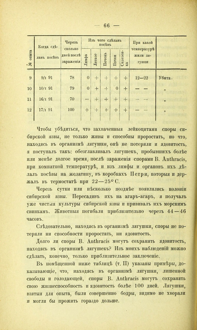 Когда сдѣ- Черезъ Изъ чего сдѣланъ посѣвъ При какой температурѣ жили ля- гушки № опыта ланъ посѣвъ сколько дней послѣ зараженія Лимфа Легкое Печень Почки Селезен- ка 9 9/і 91 78 0 + + + + 12—22 Убита. 10 Ю/і 91 79 0 + + 0 + 11 16/і 91 70 + + + + и 12 17/1 91 100 + + + Т) Чтобы убѣдиться, что захваченный лейкоцитами споры си- бирской язвы, не только живы и способны проростать, но что, находясь въ организмѣ лягушки, онѣ не потеряли и ядовитость, я поступалъ такъ: обезглавливалъ лягушекъ, пробывшихъ болѣе или менѣе долгое время, послѣ зараженія спорами В. Анііігасіз, при комнатной температурѣ, и изъ лимфы и органовъ ихъ дѣ- лалъ посѣвы на желатину, въ коробкахъ Петри, которыя и дер- жалъ въ термостатѣ при 22—25° С. Черезь сутки или нѣсколько позднѣе появлялись колоніи сибирской язвы. Пересадивъ ихъ на агаръ-агаръ, я получалъ уже чистыя культуры сибирской язвы и прививалъ ихъ морскимъ свинкамъ. Животныя погибали приблизительно черезъ 44 — 46 часовъ. Слѣдовательно, находясь въ организмѣ лягушки, споры не по- теряли ни способности проростать, ни ядовитость. Долго ли споры В. АпіЬгасій могутъ сохранять ядовитость, находясь въ организмѣ лягушекъ? Изъ моихъ наблюденій можно сдѣлать, конечно, только приблизительное заключеніе. Въ помѣщенной ниже таблицѣ (т. II) указаны примѣры, До- казывающее, что, находясь въ организмѣ лягушки, лишенной свободы и голодающей, споры В. АпіЬгасіз могутъ сохранять свою жизнеспособность и ядовитость болѣе 100 дней. Лягушки, взятыя для опыта, были совершенно бодры, видимо не хворали и могли бы прожить гораздо дольше.