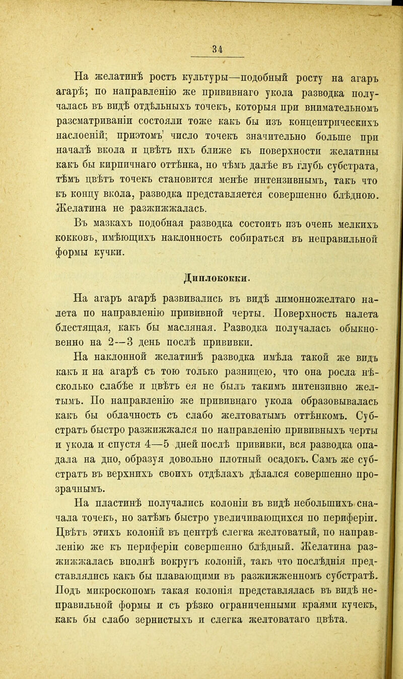 На желатинѣ ростъ культуры—подобный росту на агаръ агарѣ; по направленію же прививнаго укола разводка полу- чалась въ видѣ отдѣльныхъ точекъ, которыя при внимательномъ разсматриваніи состояли тоже какъ бы изъ концентрпческихъ наслоеній; приэтомъ' число точекъ значительно больше при началѣ вкола и цвѣтъ жхъ ближе къ поверхности желатины какъ бы кирпичнаго оттѣнка, но чѣмъ далѣе въ глубь субстрата, тѣмъ цвѣтъ точекъ становится менѣе интензивнымъ, такъ что къ концу вкола, разводка представляется совершенно блѣдною. Желатина не разжижжалась. Въ мазкахъ подобная разводка состоитъ изъ очень мелкихъ кокковъ, имѣющихъ наклонность собираться въ неправильной формы кучки. Диплококки. На агаръ агарѣ развивались въ видѣ лимонножелтаго на- лета по направленію прививной черты. Поверхность налета блестящая, какъ бы масляная. Разводка получалась обыкно- венно на 2—3 день послѣ прививки. На наклонной желатинѣ разводка имѣла такой же видъ какъ и на агарѣ съ тою только разницею, что она росла нѣ- сколько слабѣе и цвѣтъ ея не былъ такимъ интензивно жел- тымъ. По направленію же прививнаго укола образовывалась какъ бы облачность съ слабо желтоватымъ оттѣнкомъ. Суб- стратъ быстро разжижжался по направленію прививныхъ черты и укола и спустя 4—5 дней послѣ прививки, вся разводка опа- дала на дно, образуя довольно плотный осадокъ. Самъ же суб- стратъ въ верхнихъ своихъ отдѣлахъ дѣлался совершенно про- зрачнымъ. На пластинѣ получались колоніи въ видѣ небольшихъ сна- чала точекъ, но затѣмъ быстро увеличивающихся по периферіи. Цвѣтъ этихъ колоній въ центрѣ слегка желтоватый, по направ- ленію же къ периферіи совершенно блѣдный. Желатина раз- жижжалась вполнѣ вокругъ колоній, такъ что послѣднія пред- ставлялись какъ бы плавающюш въ разжижженномъ субстратѣ. Подъ микроскопомъ такая колонія представлялась въ видѣ не- правильной формы и съ рѣзко ограниченными краями кучекъ, какъ бы слабо зернистыхъ и слегка желтоватаго цвѣта.