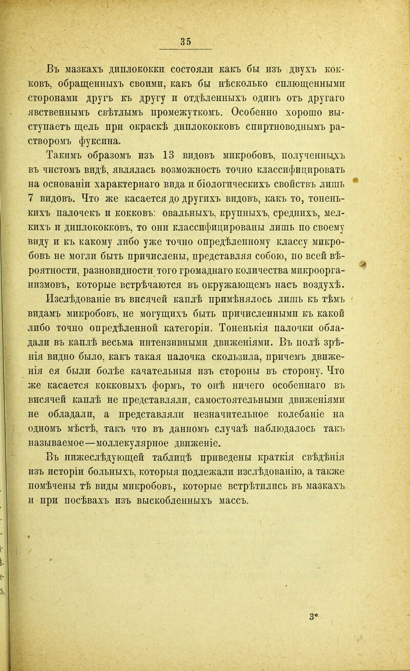 Въ мазкахъ диплококки состояли какъ бы изъ двухъ кок- ковъ, обращенныхъ своими, какъ бы нѣсколько сплющенными сторонами другъ къ другу и отдѣленныхъ одинъ отъ другаго явственнымъ свѣтлымъ промежуткомъ. Особенно хорошо вы- ступаетъ щель при окраскѣ диплококковъ спиртноводнымъ ра- створомъ фуксина. Такимъ образомъ изъ 13 видовъ микробовъ, полученны;дъ въ чистомъ видѣ, являлась возможность точно классифицировать на основаніи характернаго вида и біологическихъ свойствъ лишь 7 видовъ. Что же касается до другихъ видовъ, какъ то, тонень- кихъ палочекъ и кокковъ: овальныхъ, крупныхъ, среднихъ, мел- кихъ и диплококковъ, то они классифицированы лишь по своему виду и къ какому либо уже точно опредѣденному классу микро- бовъ не могли быть причислены, представляя собою, по всей вѣ- роятности, разновидности того громаднаго количества микроорга- низмовъ, которые встрѣчаются въ окружающемъ насъ воздухѣ. Изсдѣдованіе въ висячей каплѣ примѣнялось лишь къ тѣмъ видамъ микробовъ, не могущихъ быть причисленными къ какой либо точно опредѣленной категоріи. Тоненькія палочки обла- дали въ каплѣ весьма интензивными движеніями. Въ полѣ зрѣ- нія видно было, какъ такая палочка скользила, причемъ движе- нія ея были болѣе качательныя изъ стороны въ сторону. Что же касается кокковыхъ формъ, то онѣ ничего особеннаго въ висячей каплѣ не представляли, самостоятельными движеніямп не обладали, а представляли незначительное колебаніе на одномъ мѣстѣ, такъ что въ данномъ случаѣ наблюдалось такъ называемое—моллекулярное движеніе. Въ нижеслѣдующей таблицѣ приведены краткія свѣдѣнія изъ исторіи больныхъ, которыя подлежали изсдѣдованію, а также помѣчены тѣ виды микробовъ, которые встрѣтились въ мазкахъ и при посѣвахъ изъ выскобленныхъ массъ. 3*