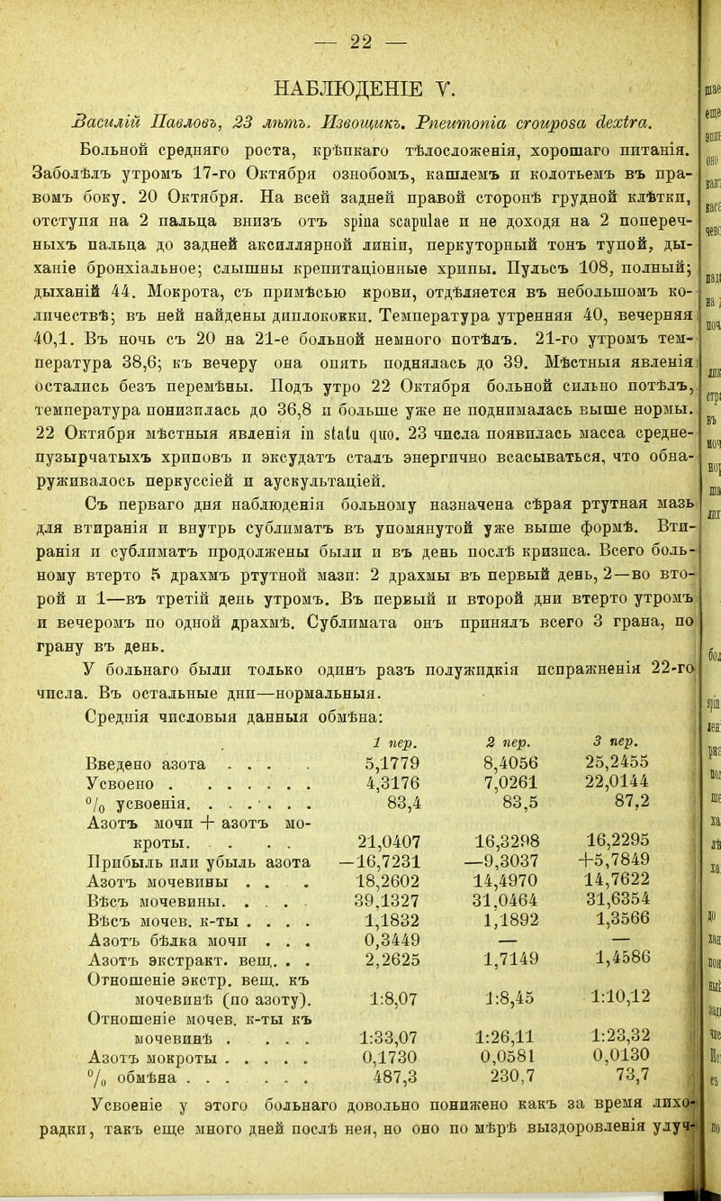 НАБЛЮДЕНІЕ У. Василій Павловъ, 23 лѣтъ. Извощикъ. Впеитопіа сгоироза сіехіга. Больной среднаго роста, крѣпкаго тѣлосложенія, хорошаго питанія. Заболѣлъ утромъ 17-го Октября ознобомъ, кашлемъ и колотьемъ въ пра- вомъ боку. 20 Октября. На всей задней правой сторонѣ грудной клѣткп, отступя на 2 пальца внизъ отъ зріпа зсариіае п не доходя на 2 попереч- ныхъ пальца до задней аксиллярной линіи, перкуторный тонъ тупой, ды- ханіе бронхіальное; слышны крепитаціонные хрипы. Пульсъ 108, полный; дыханій 44. Мокрота, съ примѣсью крови, отдѣляется въ небольшомъ ко- личествѣ; въ ней найдены диплококки. Температура утренняя 40, вечерняя 40,1. Въ ночь съ 20 на 21-е больной немного потѣлъ. 21-го утромъ тем- пература 38,6; къ вечеру она опять поднялась до 39. Мѣстныя явленія остались безъ перемѣны. Подъ утро 22 Октября больной сильно потѣлъ, температура понизилась до 36,8 и больше уже не поднималась выше нормы. 22 Октября мѣстныя явленія іп зіаіи діго. 23 числа появилась масса средне- пузырчатыхъ хриповъ и эксудатъ сталъ энергично всасываться, что обна- руживалось перкуссіей и аускультаціей. Съ перваго дня наблюденія больному назначена сѣрая ртутная мазь для втиранія и внутрь сублиматъ въ упомянутой уже выше формѣ. Вти- ранія и сублиматъ продолжены были и въ день послѣ кризиса. Всего боль- ному втерто 5 драхмъ ртутной мази: 2 драхмы въ первый день, 2—во вто- рой и 1—въ третій день утромъ. Въ первый и второй дни втерто утромъ и вечеромъ по одной драхмѣ. Сублимата онъ принялъ всего 3 грана, по грану въ день. У больнаго были только одинъ разъ полужидкія испражненія 22-го числа. Въ остальные дни—нормальныя. радки, такъ еще много дней послѣ нея, но оно по мѣрѣ выздоровленія улуч- еще как щ: поч ша бол Среднія числовыя данныя обмѣна: 1 пер. 2 пер. 3 пер. лен рг Введено азота ... 5,1779 8,4056 25,2455 Усвоено 4,3176 7,0261 22,0144 № % усвоенія. ...... 83,4 83,5 87,2 Ш Азотъ мочи + азотъ мо- кроты. . . . 21,0407 16,3298 16,2295 +5,7849 ха й Прибыль или убыль азота -16,7231 —9,3037 ха Азотъ мочевины . . 18,2602 14,4970 14,7622 Вѣсъ мочевины. .... 39,1327 31,0464 31,6354 Вѣсъ мочев. к-ты .... 1,1832 1,1892 1,3566 № Азотъ бѣлка мочи . . . 0,3449 — — Ни Азотъ экстракт, вещ. . . 2,2625 1,7149 1,4586 воя Отношеніе экстр, вещ. къ мочевинѣ (по азоту). 1:8,07 1:8,45 1:10,12 нш Отношеніе мочев. к-ты къ мочевинѣ . ... 1:33,07 1:26,11 1:23,32 за] нс Азотъ мокроты 0,1730 0,0581 0,0130 Ис °/0 обмѣна 487,3 230,7 73,7 Й Усвоеніе у этого больнаго довольно понижено какъ за время лихо-