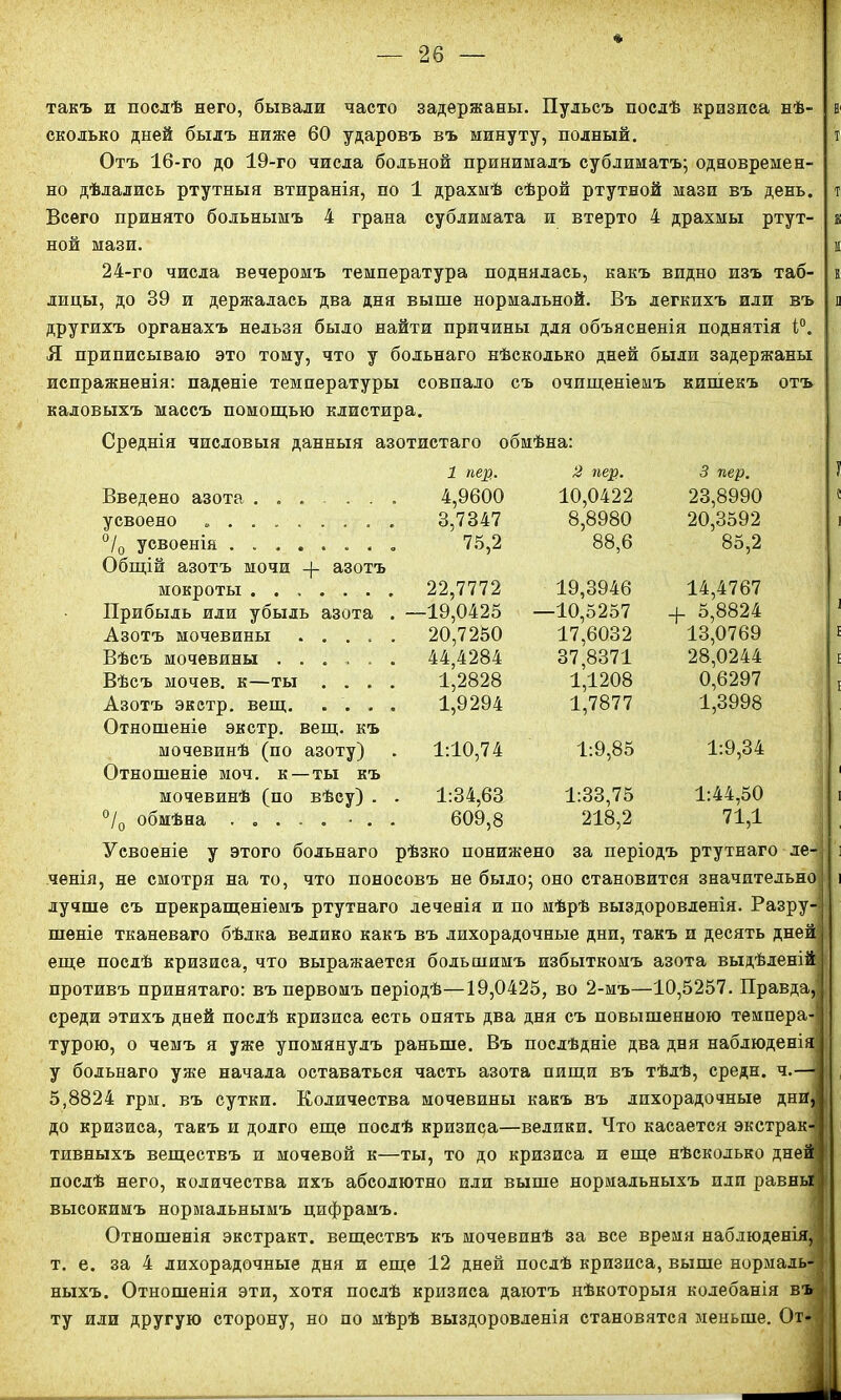 такъ и послѣ него, бывали часто задержаны. Пульсъ послѣ кризиса нѣ- н сколько дней былъ ниже 60 ударовъ въ минуту, полный. т Отъ 16-го до 19-го числа больной принималъ сублиматъ; одновремен- но дѣлались ртутныя втиранія, по 1 драхмѣ сѣрой ртутной мази въ день, т Всего принято больнымъ 4 грана сублимата и втерто 4 драхмы ртут- ж ной мази. и 24-го числа вечеромъ температура поднялась, какъ видно изъ таб- к лиды, до 39 и держалась два дня выше нормальной. Въ легкихъ иди въ и другихъ органахъ нельзя было найти причины для объясненія поднятія і°. Я приписываю это тому, что у больнаго нѣсколько дней были задержаны испражненія: паденіе температуры совпало съ очищеніемъ кишекъ отъ каловыхъ массъ помощью клистира. Среднія числовыя данныя азотистаго обмѣна: 1 пер.. 2 пер. 3 пер. Введено азота 4,9600 10,0422 23,8990 усвоено 3,7347 8,8980 20,3592 °/0 усвоенія Общій азотъ мочи -{- азотъ 75,2 88,6 85,2 мокроты 22,7772 19,3946 14,4767 Прибыль иди убыль азота . —19,0425 —10,5257 + 5,8824 Азотъ мочевины 20,7250 17,6032 13,0769 Вѣсъ мочевины 44,4284 37,8371 28,0244 Вѣсъ мочев. к—ты .... 1,2828 1,1208 0,6297 1,3998 Азотъ экстр, вещ. .... Отношеніе экстр, вещ. къ 1,9294 1,7877 мочевинѣ (по азоту) Отношеніе моч. к—-ты къ 1:10,74 1:9,85 1:9,34 мочевинѣ (по вѣсу) . . 1:34,63 1:33,75 218,2 1:44,50 °/0 обмѣна ..... - . . 609,8 71,1 Усвоеніе у этого больнаго рѣзко понижено за періодъ ртутнаго ле- і ченія, не смотря на то, что поносовъ не было; оно становится значительно і лучше съ прекращеніемъ ртутнаго деченія и по мѣрѣ выздоровленія. Разру- шеніе тканеваго бѣлка велико какъ въ лихорадочные дни, такъ и десять дней еще послѣ кризиса, что выражается большимъ избыткомъ азота выдѣленій противъ принятаго: въ первомъ періодѣ—19,0425, во 2-мъ—10,5257. Правда, среди этихъ дней послѣ кризиса есть опять два дня съ повышенною темпера-' турою, о чемъ я уже упомянулъ раньше. Въ послѣдніе два дня наблюденія у больнаго уже начала оставаться часть азота пищи въ тѣлѣ, среди, ч.— 5,8824 грм. въ сутки. Количества мочевины какъ въ лихорадочные дни, до кризиса, такъ и долго еще послѣ кризиса—велики. Что касается экстрак- тивныхъ веществъ и мочевой к—ты, то до кризиса и еще нѣсколько дней послѣ него, количества ихъ абсолютно или выше нормальныхъ пли равны высокимъ нормальнымъ цифрамъ. Отношенія экстракт, веществъ къ мочевинѣ за все время наблюденія, т. е. за 4 лихорадочные дня и еще 12 дней послѣ кризиса, выше нормаль- ныхъ. Отношенія эти, хотя послѣ кризиса даютъ нѣкоторыя колебанія въ ту или другую сторону, но по мѣрѣ выздоровленія становятся меньше. От-