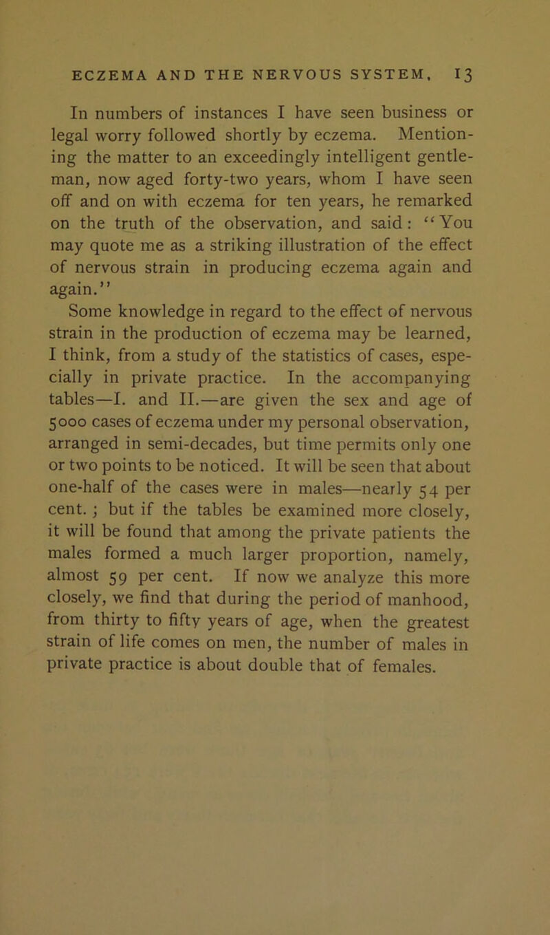 In numbers of instances I have seen business or legal worry followed shortly by eczema. Mention- ing the matter to an exceedingly intelligent gentle- man, now aged forty-two years, whom I have seen off and on with eczema for ten years, he remarked on the truth of the observation, and said: “You may quote me as a striking illustration of the effect of nervous strain in producing eczema again and again.” Some knowledge in regard to the effect of nervous strain in the production of eczema may be learned, I think, from a study of the statistics of cases, espe- cially in private practice. In the accompanying tables—I. and II.—are given the sex and age of 5000 cases of eczema under my personal observation, arranged in semi-decades, but time permits only one or two points to be noticed. It will be seen that about one-half of the cases were in males—nearly 54 per cent.; but if the tables be examined more closely, it will be found that among the private patients the males formed a much larger proportion, namely, almost 59 per cent. If now we analyze this more closely, we find that during the period of manhood, from thirty to fifty years of age, when the greatest strain of life comes on men, the number of males in private practice is about double that of females.