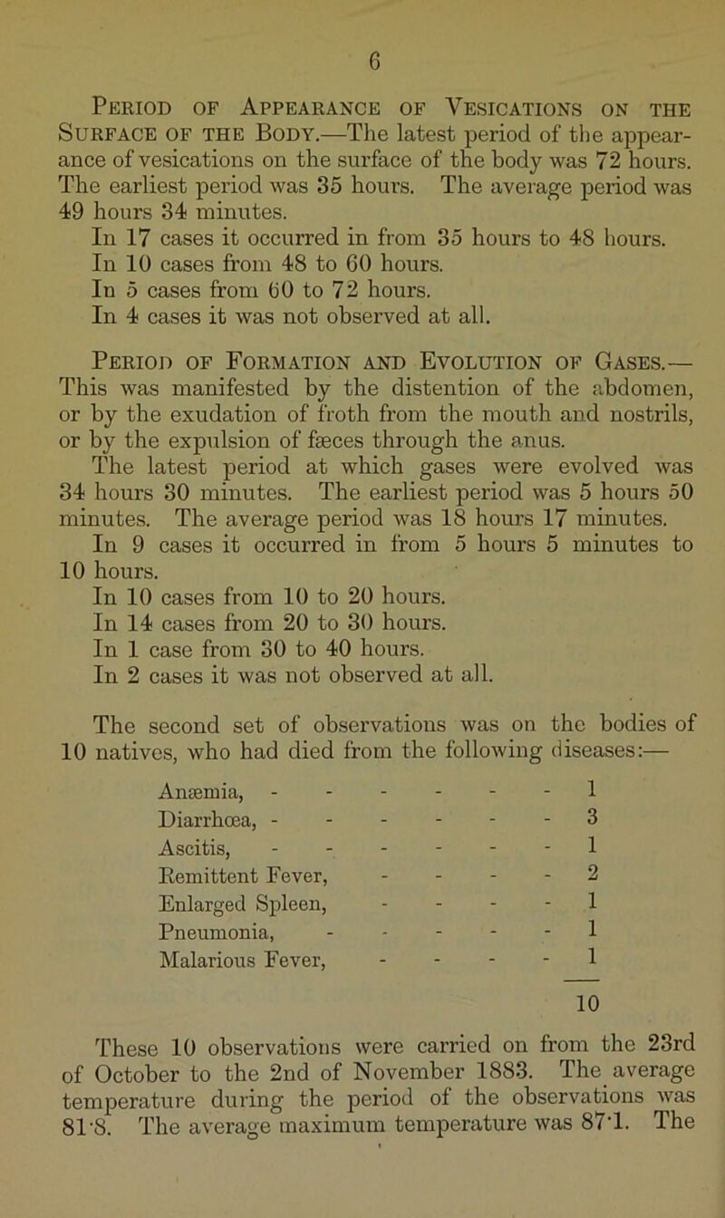 Period of Appearance of Vesications on the Surface of the Body.—The latest period of tlie appear- ance of vesications on the surface of the body was 72 hours. The earliest period was 35 hours. The average period was 49 hours 34 minutes. In 17 cases it occurred in from 35 hours to 48 hours. In 10 cases from 48 to 60 hours. In 5 cases from 60 to 72 hours. In 4 cases it was not observed at all. Perioii of Formation and Evolution of Gases.— This was manifested by the distention of the abdomen, or by the exudation of froth from the mouth and nostrils, or by the expulsion of faeces through the anus. The latest period at which gases were evolved was 34 hours 30 minutes. The earliest period was 5 hours 50 minutes. The average period was 18 hours 17 minutes. In 9 cases it occurred in from 5 hours 5 minutes to 10 hours. In 10 cases from 10 to 20 hours. In 14 cases from 20 to 30 hours. In 1 case from 30 to 40 hours. In 2 cases it was not observed at all. The second set of observations was on the bodies of 10 natives, who had died from the following diseases:— These 10 observations were carried on from the 23rd of October to the 2nd of November 1883. The_ average temperature during the period of the observations was 81'8. The average maximum temperature was 87T. The Antemia, Diarrhoea, - Ascitis, Eemittent Fever, Enlarged Spleen, Pneumonia, Malarious Fever, 1 3 1 2 1 1 1 10