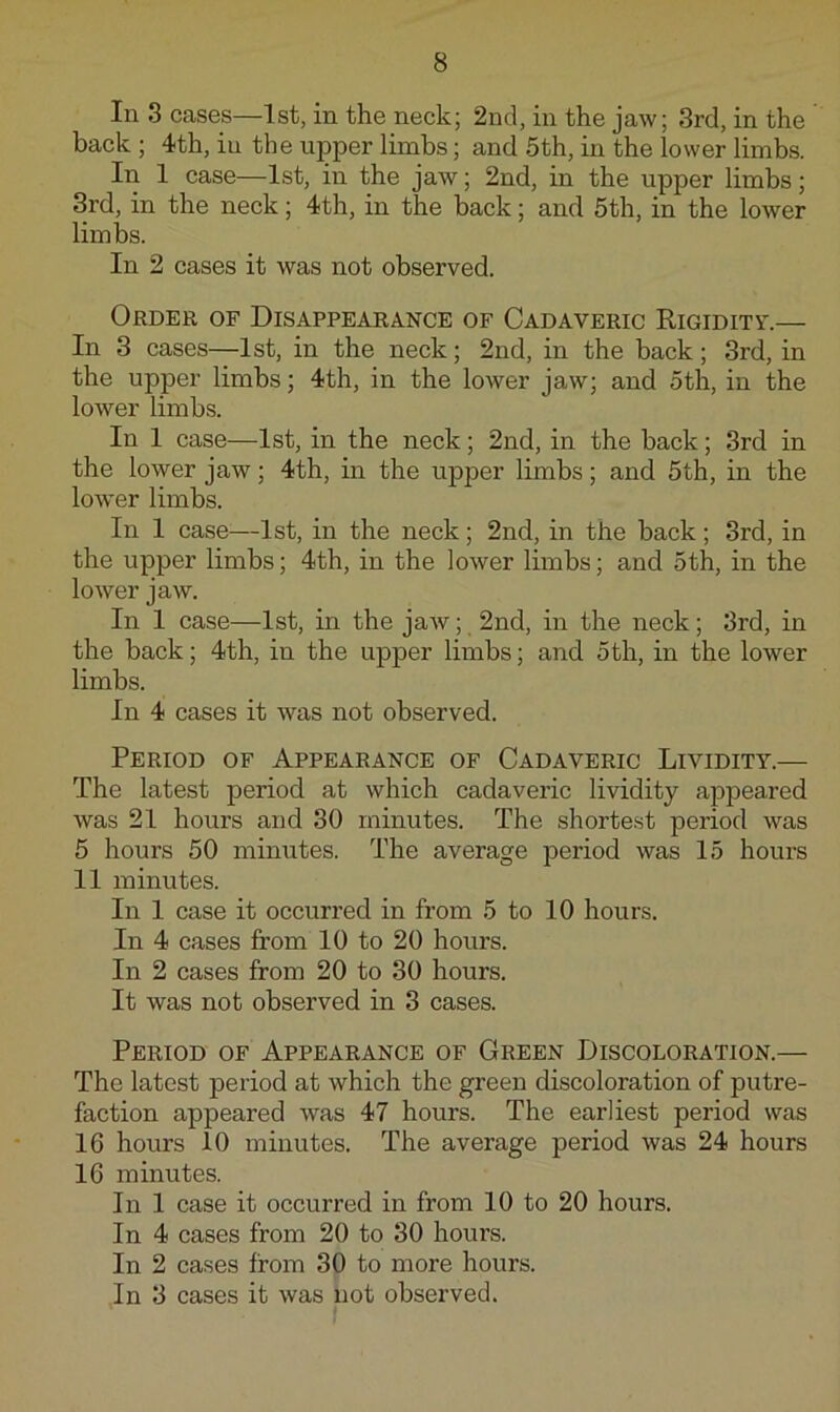 In 3 cases—1st, in the neck; 2nd, in the jaw; 3rd, in the back ; 4th, in the upper limbs; and 5th, in the lower limbs. In 1 case—1st, in the jaw; 2nd, in the upper limbs; 3rd, in the neck; 4th, in the back; and 5th, in the lower limbs. In 2 cases it was not observed. Order of Disappearance of Cadaveric Rigidity.— In 3 cases—1st, in the neck; 2nd, in the back ; 3rd, in the upper limbs; 4th, in the lower jaw; and 5th, in the lower limbs. In 1 case—1st, in the neck; 2nd, in the back; 3rd in the lower jaw; 4th, in the upper limbs; and 5th, in the lower limbs. In 1 case—1st, in the neck; 2nd, in the back ; 3rd, in the upper limbs; 4th, in the lower limbs; and 5th, in the lower jaw. In 1 case—1st, in the jaw; 2nd, in the neck; 3rd, in the back; 4th, in the upper limbs; and 5th, in the lower limbs. In 4 cases it was not observed. Period of Appearance of Cadaveric Lividity.— The latest period at which cadaveric lividity appeared was 21 hours and 30 minutes. The shortest period was 5 hours 50 minutes. The average period was 15 hours 11 minutes. In 1 case it occurred in from 5 to 10 hours. In 4 cases from 10 to 20 hours. In 2 cases from 20 to 30 hours. It was not observed in 3 cases. Period of Appearance of Green Discoloration.— The latest period at which the green discoloration of putre- faction appeared was 47 hours. The earliest period was 16 hours 10 minutes. The average period was 24 hours 16 minutes. In 1 case it occurred in from 10 to 20 hours. In 4 cases from 20 to 30 hours. In 2 cases from 30 to more hours.