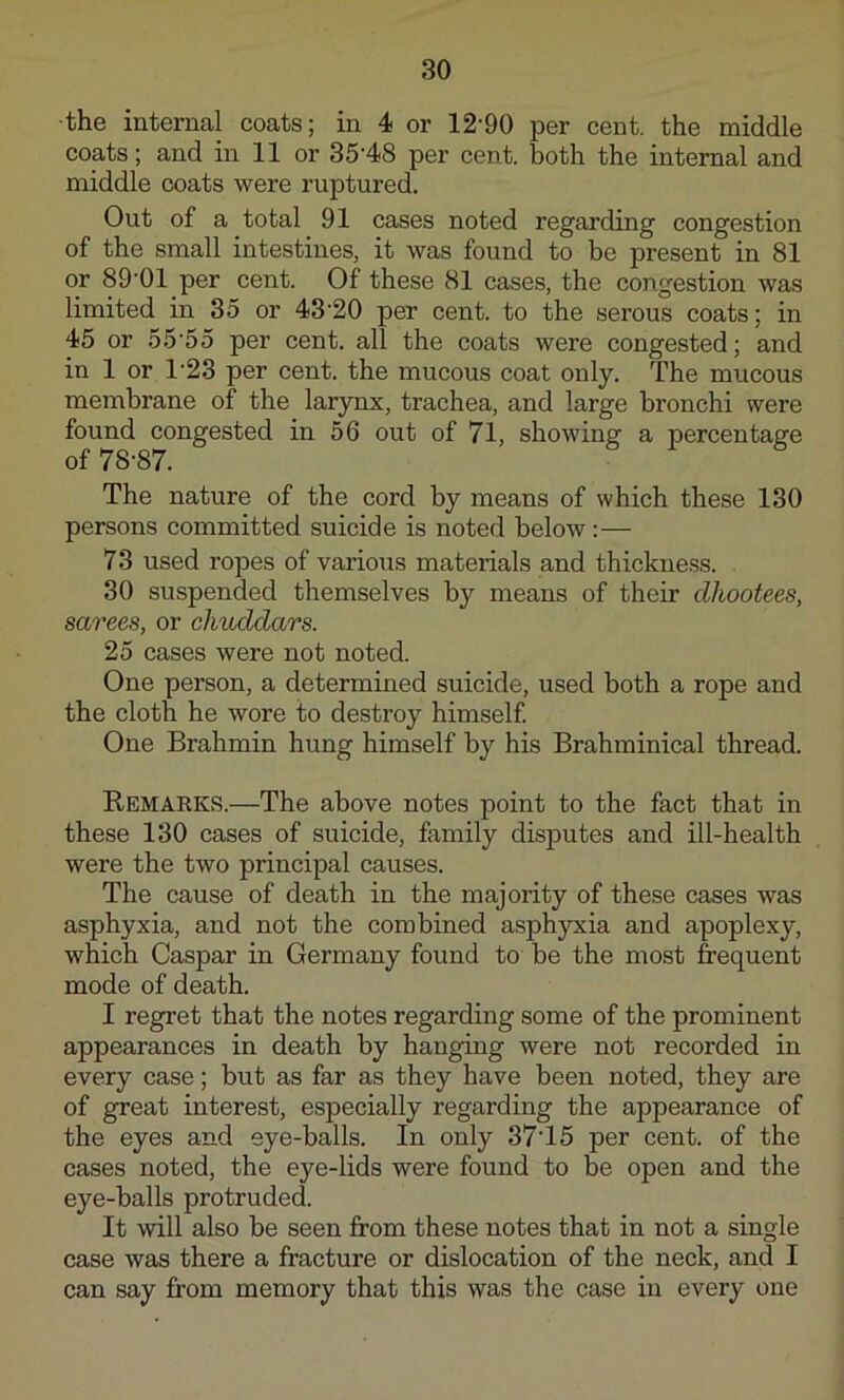 the internal coats; in 4 or 12'90 per cent, the middle coats; and in 11 or 35'48 per cent, both the internal and middle coats were ruptured. Out of a total 91 cases noted regarding congestion of the small intestines, it was found to be present in 81 or 89'01 per cent. Of these 81 cases, the congestion was limited in 35 or 43'20 per cent, to the serous coats; in 45 or 55'55 per cent, all the coats were congested; and in 1 or 1'23 per cent, the mucous coat only. The mucous membrane of the larynx, trachea, and large bronchi were found congested in 56 out of 71, showing a percentage The nature of the cord by means of which these 130 persons committed suicide is noted below:— 73 used ropes of various materials and thickness. . 30 suspended themselves by means of their dhootees, sarees, or chuddars. 25 cases were not noted. One person, a determined suicide, used both a rope and the cloth he wore to destroy himself One Brahmin hung himself by his Brahminical thread. Remaeks.—The above notes point to the fact that in these 130 cases of suicide, family disputes and ill-health were the two principal causes. The cause of death in the majority of these cases was asphyxia, and not the combined asphyxia and apoplexy, which Caspar in Germany found to be the most frequent mode of death. I regret that the notes regarding some of the prominent appearances in death by hanging were not recorded in every case; but as far as they have been noted, they are of great interest, especially regarding the appearance of the eyes and eye-balls. In only 37T5 per cent, of the cases noted, the eye-lids were found to be open and the eye-balls protruded. It will also be seen from these notes that in not a single case was there a fracture or dislocation of the neck, and I can say from memory that this was the case in every one