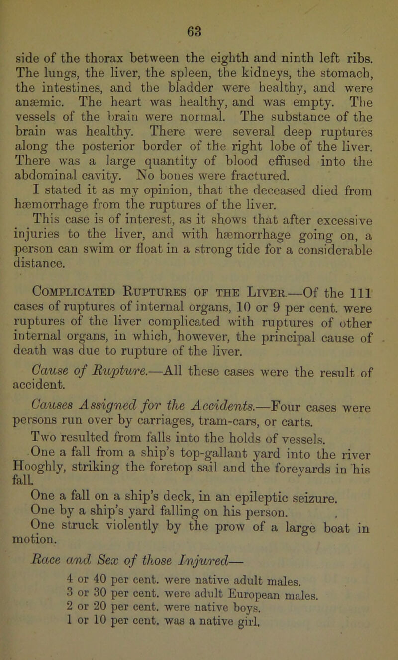 side of the thorax between the eighth and ninth left ribs. The lungs, the liver, the spleen, the kidneys, the stomach, the intestines, and the bladder were healthy, and were anaemic. The heart was healthy, and was empty. The vessels of the brain were normal. The substance of the brain was healthy. There were several deep ruptures along the posterior border of the right lobe of the liver. There was a large quantity of blood effused into the abdominal cavity. No bones were fractured. I stated it as my opinion, that the deceased died from haemorrhage from the ruptures of the liver. This case is of interest, as it shows that after excessive injuries to the liver, and with haemorrhage going on, a person can swim or float in a strong tide for a considerable distance. Complicated Ruptures of the Liver.—Of the 111 cases of ruptures of internal organs, 10 or 9 per cent, were ruptures of the liver complicated with ruptures of other internal organs, in which, however, the principal cause of death was due to rupture of the liver. Cause of Rupture.—All these cases were the result of accident. Causes Assigned for the Accidents.—Four cases were persons run over by carriages, tram-cars, or carts. Two resulted from falls into the holds of vessels. One a fall from a ship’s top-gallant yard into the river Hooghly, striking the foretop sail and the forevards in his fall One a fall on a ship’s deck, in an epileptic seizure. One by a ship’s yard falling on his person. One struck violently by the prow of a large boat in motion. Race and Sex of those Injured— 4 or 40 per cent, were native adult males. 3 or 30 per cent, were adult European males. 2 or 20 per cent, were native boys. 1 or 10 per cent, was a native girl.