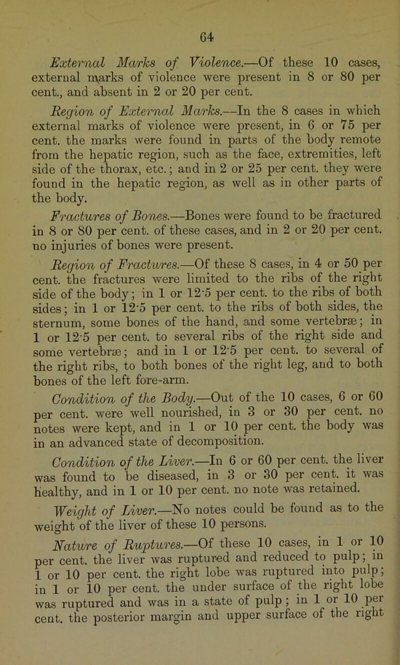 External Marks of Violence.—Of these 10 cases, external rtvarks of violence were present in 8 or 80 per cent., and absent in 2 or 20 per cent. Region of External Marks.—In the 8 cases in which external marks of violence were present, in 6 or 75 per cent, the marks were found in parts of the body remote from the hepatic region, such as the face, extremities, left side of the thorax, etc.; and in 2 or 25 per cent, they were found in the hepatic region, as well as in other parts of the body. Fractures of Bones.—Bones were found to be fractured in 8 or 80 per cent, of these cases, and in 2 or 20 per cent, no injuries of bones were present. Region of Fractures.—Of these 8 cases, in 4 or 50 per cent, the fractures were limited to the ribs of the right side of the body; in 1 or 12’5 per cent, to the ribs of both sides; in 1 or 12'5 per cent, to the ribs of both sides, the sternum, some bones of the hand, and some vertebrae; in 1 or 12-5 per cent, to several ribs of the right side and some vertebrae; and in 1 or 12*5 per cent, to several of the right ribs, to both bones of the right leg, and to both bones of the left fore-arm. Condition of the Body.—Out of the 10 cases, 6 or 60 per cent, were well nourished, in 3 or 30 per cent, no notes were kept, and in 1 or 10 per cent, the body was in an advanced state of decomposition. Condition of the Liver.—In 6 or 60 per cent, the liver was found to be diseased, in 3 or 30 per cent, it was healthy, and in 1 or 10 per cent, no note Avas retained. Weight of Liver.—No notes could be found as to the weight of the liver of these 10 persons. Nature of Ruptures.—Oi these 10 cases, in 1 or 10 per cent, the liver was ruptured and reduced to pulp; in 1 or 10 per cent, the right lobe was ruptured into pulp; in 1 or 10 per cent, the under surface of the right lobe was ruptured and was in a state of pulp ; in 1 or 10 per cent, the posterior margin and upper surface of the right