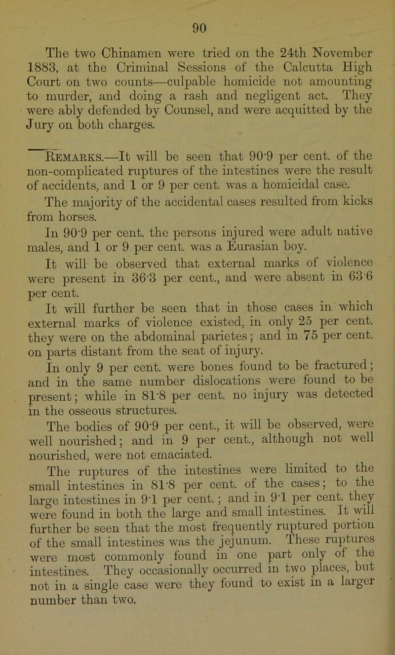 The two Chinamen were tried on the 24th November 1883, at the Criminal Sessions of the Calcutta High Court on two counts—culpable homicide not amounting to murder, and doing a rash and negligent act. They were ably defended by Counsel, and were acquitted by the Jury on both charges. Remarks.—It will be seen that 90'9 per cent, of the non-complicated ruptures of the intestines were the result of accidents, and 1 or 9 per cent, was a homicidal case. The majority of the accidental cases resulted from kicks from horses. In 90‘9 per cent, the persons injured were adult native males, and 1 or 9 per cent, was a Eurasian boy. It will be observed that external marks of violence were present in 36‘3 per cent., and were absent in 63 6 per cent. It will further be seen that in those cases in which external marks of violence existed, in only 25 per cent, they were on the abdominal parietes; and in 75 per cent, on parts distant from the seat of injury. In only 9 per cent, were bones found to be fractured; and in the same number dislocations were found to be present; while in 81'8 per cent, no injury was detected in the osseous structures. The bodies of 90'9 per cent., it will be observed, were well nourished; and in 9 per cent., although not well nourished, were not emaciated. The ruptures of the intestines were limited to the small intestines in 81‘8 per cent, of the cases; to the large intestines in 9T per cent.; and in 9T per cent, they were found in both the large and small intestines. It will further be seen that the most frequently ruptured portion of the small intestines was the jejunum. These ruptures were most commonly found in one part only of the intestines. They occasionally occurred in two places, but not in a single case were they found to exist in a larger number than two.