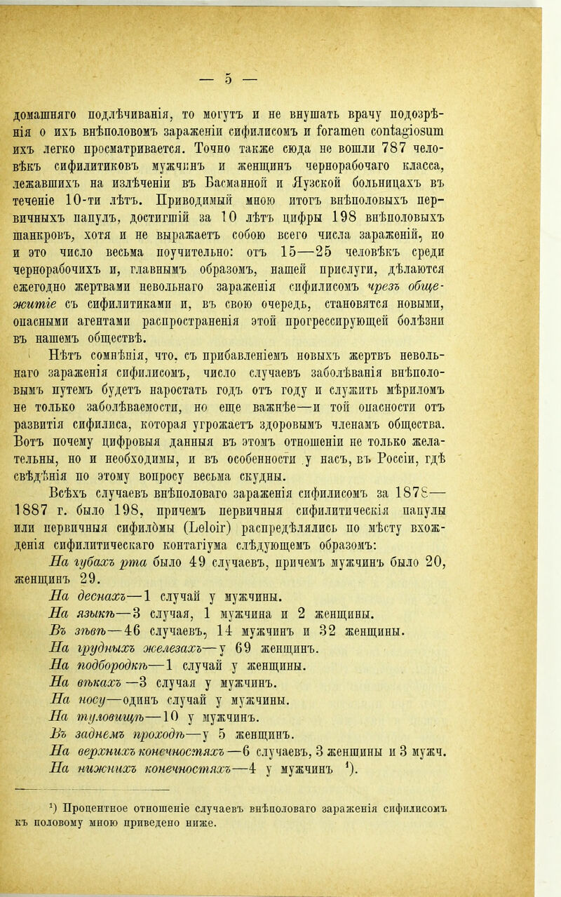 домашняго подлѣчиванія, то могутъ и не внушать врачу подозрѣ- нія о ихъ внѣполовомъ зараженіи сифилисомъ и 1'огатеп сопіа§,'іо8ит ихъ легко просматривается. Точно также сюда не вошли 787 чело- вѣкъ сифилитиковъ мужчіінъ и женщинъ чернорабочаго класса, лежавшихъ на излѣченіи въ Басманной и Яузской больницахъ въ течѳніе 10-ти лѣтъ. Приводимый мною итогъ внѣполовыхъ пер- вичныхъ папулъ, доетигшій за 10 лѣтъ цифры 198 внѣполовыхъ шанкровъ^ хотя и не выражаетъ собою всего числа зараженій, но и это число весьма поучительно: отъ 15—25 человѣкъ среди чернорабочихъ и, главнымъ образомъ, нашей прислуги, дѣлаются ежегодно жертвами невольнаго зараженія сифилисомъ чрезъ обще- житіе съ сифилитиками и, въ свою очередь, становятся новыми, опасными агентами ра,спространенія этой прогрессируюш,ей болѣзни въ нашемъ обпі;ествѣ. ; Нѣтъ сомнѣнія, что, съ прибавленіемъ новыхъ жертвъ неволь- наго заражѳнія сифилисомъ, число случаевъ заболѣванія внѣполо- вымъ путемъ будетъ наростать годъ отъ году и служить мѣриломъ не только заболѣваемости, но епі;е важнѣе—и той опасности отъ развитія сифилиса, которая угрожаетъ здоровымъ членамъ обп],ества. Ботъ почему цифровыя данныя въ этомъ отношепіи не только жела- тельны, но и необходимы, и въ особенности у насъ, въ Россіи, гдѣ свѣдѣнія по этому вопросу весьма скудны. Всѣхъ случаевъ внѣполоваго зараженія сифилисомъ за 1878— 1887 г. было 198, причемъ первичныя сифилитическія папулы или первичныя сифилбмы (Ъѳіоіг) распредѣлялись по мѣсту вхож- денія сифилитическаго контагіума слѣдуюпі,емъ образомъ: Ла губахъ рта было 49 случаевъ, причемъ мужчинъ было 20, женщинъ 29. Ла деснахъ—1 случай у мужчины. Ла языкѣ—3 случая, 1 мужчина и 2 женш;ины. Въ зѣвѣ—46 случаевъ, 14 мужчинъ и 32 женп];ины. Ла ірудныхъ железахъ—у 69 женщинъ. Ла подбородкѣ—1 случай у женщины. Ла вѣкахъ —3 случая у мужчинъ. Ла носу—одинъ случай у мужчины. Ла тулоѳищѣ—10 у мужчинъ. Въ заднемъ проходѣ—у 5 женщинъ. Ла верхнихъ консчтстяхъ—6 случаевъ, 3 женшины иЗ мужч. Ла нижнихъ конечностяхъ—4 у мужчинъ Процентное отношеніе случаевъ внѣполоваго зараженія сифилисомъ къ половому мною приведено ниже.