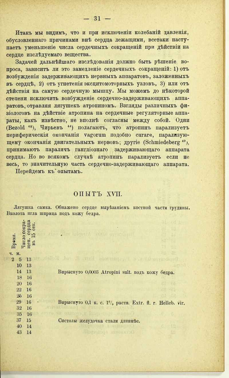 Итакъ мы видимъ, что и при исключеніи колебаній давленія, обусловленнаго причинами внѣ сердца лежащими, всетаки насту- паетъ уменьшеніе числа сердечныхъ сокращеній при дѣйствіи на сердце изслѣдуемаго вещества. Задачей дальнѣйшаго изслѣдованія должно быть рѣшеніе во- проса, зависитъ ли это замедленіе сердечныхъ сокращеній: 1) отъ возбужденія задерживающихъ нервныхъ апоаратовъ, заложенныхъ въ сердцѣ, 2) отъ угнетенія эксцитомоторныхъ узловъ, 3) или отъ дѣйствія на самую сердечную мышцу. Мы можемъ до нѣкоторой степени исключить возбужденіе сердечно-задерживающихъ аппа- ратовъ, отравляя лягушекъ атропиномъ. Взгляды различныхъ фи- зіологовъ на дѣйствіе атропина на сердечные регуляторные аппа- раты, какъ извѣстно, не вполнѣ согласны между собой. Одни (ВегоИ *^), Чирьевъ **) полагаютъ, что атропинъ парализуетъ периферическія окончанія уаё'огит подобно сигаге, парализую- щему окончанія двигательныхъ нервовъ; другіе (8сЬ.тіе(іеЬег§' принимаютъ параличъ гангліознаго задерживающаго аппарата сердца. Но во всякомъ случаѣ атропинъ парализуетъ если не весь, то значительную часть сердечно-задерживающаго аппарата. Перейдемъ къ' опытамъ. Лягушка самка. Обнажено сердце вырѣзаніемъ костной части грудины. Вколота игла шприца подъ кожу бедра. ОПЫТЪ ХУП. ч. м. 2 5 13 10 13 14 13 18 16 20 16 22 16 26 16 29 16 32 16 35 16 37 15 40 14 43 14 Впрыснуто 0,0003 Аігоріпі зиіі. подъ кожу бедра. Впрыснуто ОД к. с. 17о раств. Ехіг. й. г. НеІІеЬ. уіг. Систолы желудочка стали длпннѣе.