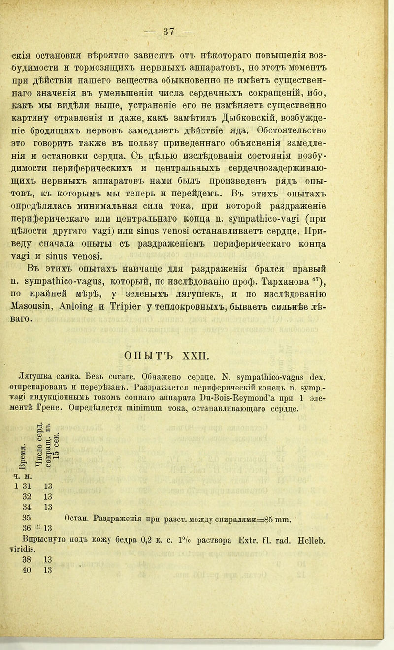 скія остановки вѣроятно зависятъ отъ нѣкотораго повышенія воз- будимости и тормозящихъ нервныхъ аппаратовъ, но этотъ моментъ при дѣйствіи нашего вещества обыкновенно не имѣетъ существен- наго значенія въ уменьшеніи числа сердечныхъ сокращеній, ибо, какъ мы видѣли выше, устраненіе его не измѣняетъ существенно картину отравленія и даже, какъ замѣтилъ Дыбковскій, возбужде- ніе бродящихъ нервовъ замедляетъ дѣйствіе яда. Обстоятельство это говорить также въ пользу приведеннаго объясненія замедле- нія и остановки сердца. Съ цѣлью изслѣдованія состоянія возбу- димости периферическихъ и центральныхъ сердѳчнозадерживаю- щихъ нервныхъ аппаратовъ нами былъ произведенъ рядъ опы- товъ, къ которымъ мы теперь и перейдемъ. Въ этихъ опытахъ опредѣлялась минимальная сила тока, при которой раздраженіе периферическаго или центральнаго конца п. зутраѣііісо-ѵаё'! (при цѣлости другаго ѵа§'і) или зіпиз ѵепозі останавливаетъ сердце. При- веду сначала опыты съ раздраженіемъ периферическаго конца ѵа^і: и 8іпи8 ѵепозі. Въ этихъ опытахъ наичаще для раздраженія брался правый п. зушраіЬісо-ѵа^иа, который, по изслѣдованію проф. Тарханова *^), по крайней мѣрѣ, у зеленыхъ лягушекъ, и по изслѣдованію Мазоизіп, Апіоіп^ и Тгіріѳг у теплокровныхъ, бываетъ сильнѣе лѣ- ваго. ОПЫТЪ XXII. Лягушка самка. Безъ сигаге. Обнажено сердце. N. зутраЛісо-ѵаёий йех. отпрепарованъ и перерѣзанъ. Раздражается периферпяескій конецъ п. «утр.- таді индукціонньшъ токомъ соннаго аппарата Ои-ВоІ8-Кеутоц(і'а при 1 эле- ментѣ Грене. Опредѣляется тіштит тока, останавливающаго сердце. й: Р.« . « о I ед^ ^ « ч. м. 1 31 13 82 13 34 13 35 Остан. Раздраженія при разст. между спиралями=85 тт. 36 13 Впрыснуто подъ кожу бедра 0,2 к. с. 1''/о раствора Ехіг. П. гай. НеІІеЬ. тігійіз. 38 13 40 13