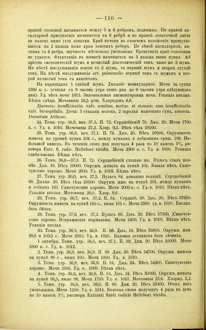 правой сосковой начинается между 5 и 6 ребромъ, подвижна. По правой ак- снллярной притупленіе начинается на 6 ребрѣ и по правой лопаточной линіи на палецъ ниже угла лопатки. Край печени въ стоячемъ положеніп прощупы- вается на 2 пальца ниже края ложныхъ реберъ. По лѣвой аксиллярной, на- чиная съ 6 ребра, звучность вѣсколько уменьшена. Прощупать край селезенки не удается. Флуктуація въ жпвотѣ начинается на 3 пальца выше пупка. Ай арісет систолическій шумъ и нечистый діастолическін тонъ, чаще же 2 шума. На мѣстѣ выслушиванія аорты то 2 шума, то первый шумъ и второй глухой тонъ. На мѣстѣ выслушиванія агі. риітопаііз первый тонъ съ шумомъ и вто- рой нечистый тоаъ съ акцентомъ. На каротидахъ 1 слабый шумъ. Дыханіе везикулярное. Мочи за сутки 1300 к. с. (счптая съ 9 часовъ утра этого дня до 9 часовъ утра сіѣдующаго дня). Уд. вѣсъ ыочи 1011. Значительная пигментпровка мочп. Реакція кислая. Бѣлка слѣды. Мочевины 16,5 §гт. Хлоридовъ 6,6. Діагнозъ; іпзиШсіепІіа ѵаіѵ. ветііип. аогіае еі; 8іепо8І8 сит іпзиШсіепііа ѵаіѵ. Ъісизрісіаііз. Діета: 3 стакана молока, 2 тарелки молочнаго супа, котлета. і)есос1;ит АШіеае. 24. Темп. утр. 36,8, веч. 37,3. П. 72. Сердцебіеній 76. Дых. 20. Мочи 1700 к. с. Уд. в. 1010. Мочевины 27,2. Хлор. 9,3. Вѣсъ тѣла 59100. 25. Темп. утр. 36,9, веч. 37,1. П. 76. Дых. 20. Вѣсъ 59500. Окружность живота на уровнѣ пупка 104 с, между пупкоыъ и лобковымъ сращ. 196. Не- большой кашель. Въ теченіи этого дня получала 4 раза по 10 капель 1°/о ра- створа Ех1;г. й. гайіс. НеІІеЪогі ѵігійіз. Мочи 2300 к. с. Уд. в. 1008. Реакція слабо-кислая. Бѣлка нѣтъ. 26. Теми. 36,8—37,3. П. 72. Сердцебіеній столько же. Пульсъ сталъ по.і- нѣе. Дых. 16. Вѣсъ 59000. Окружи, живота на пупкѣ 101. Кашля нѣтъ. Само- чувствіе хорошо. Мочп 2000. Уд. в. 1010. Бѣлка нѣтъ. 27. Темп. утр. 30,0, веч. 37,5. Пульсъ 84 довольно полный. Сердцебіеній 88. Дыхан. 20. Вѣсъ тѣла 58500. Окружн. жив. на пупкѣ 101, между пупкомъ и лобкомъ 103. Самочувствіе хорошо. Мочи 2000 к. с. Уд. в. 1010. Бѣлканѣтъ. Реакдія кислая. Мочевины 26,0. Хлор. 8,6. 28. Темп. утр. 36,7, веч. 37,2. П. 84. Сердцеб. 88. Дых, 20. Вѣсъ 57600. Окружность живота на пупкѣ 100 с, ниже 101с. Мочп 2300; уд. в. 1010. Кислая, безъ бѣлка. 29. Темп. утр. 37Д веч. 37,2. Пульсъ 80. Дых. 20. Вѣсъ 57300. -Самочув- ствіе хорошо. Испражненія нормальны. Мочи 2400. Уд. в. 1010. Бѣлка нѣтъ. Реакція кислая. 30. Темп. утр. 86,9, веч. 36,8. П. 88. Дых. 16. Вѣсъ 55800. Окружн. жив. 99,5 и 100,5 с. Мочп 230Э. Уд. в. 1010. Больная оставлена безъ .іѣченія. 1 октября. Темп. утр. 36,5, веч. 37,1. П. 88. Дых. 20. Вѣсъ 55000. Мочп 1800 к. с. Уд. в. 1012. 2. Темп. утр. 36,8, веч. 36,9. П. 88. Дых. 20. Вѣсъ 54700. Окружн. живота на иупкѣ 98 с, ниже 100. Мочи 1850. Уд. в. 1010. 3. Темп. утр. 36,9, веч. 36,8. П. 84. Дых. 24. Вѣсъ 54200. Самочувствіе хорошо. Мочи 2300. Уд. в. 1009. Бѣлка нѣтъ. 4. Теми. утр. 36,6, веч. 36,9. П. 84. Дых. 24. Вѣсъ 53800. Окружн. живота на пупкѣ 96,5, ниже 98. Мочи 1750. Уд. в. 1010. Мочевины 23,6. Хлорид. 5,2. 5. Темп. утр. 36,8, веч. 36,6. П. 80. Дых. 20. Вѣсъ 53400. Отекъ ногъ уменьшился. Мочи 1250. Уд. в. 1014. Больная снова получаетъ 4 раза въ день по 10 капель Р/и раствора ЕхІгасЬі йиііі гасіісіз НеІІеЬогі ѵігісііз.