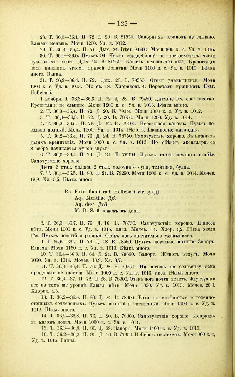 28. Т. 36,0—36,1. П. 72. Д. 20. В. 81950. Сонорныхъ хриповъ не слышно. Кашель меньше. Мочи 1200. Уд. в. 1012. 29. Т. 36,3-36,4. П. 76. Дых. 24. ІЗѢсъ 81600. Мочп 900 к. с. Уд. в. 1015. 30. т. 36,1—36,5. Пульсъ 84. Число сердцебіеній не превосходитъ числа пульсовыхъ волнъ. Дых. 24. В. 81250. Кашель незначительный. Крепитація подъ нижнимъ угломъ правой лопатки. Мочи 1100 к. с. Уд. в. 1010. Бѣлка много. Ванна. 31. Т. 36,2—36,4. П. 72. Дых. 28. В. 79950. Отекп уменьшились. Мочи 1200 к. с. Уд. в. 1013. Мочев. 18. Хлоридовъ 4. Бересталъ принимать Ехіг. НеІІеЪогі. 1 ноября. Т. 36,3—36,3. П. 72. Д. 28. В. 79450. Дыханіе все еще жестко. Крепитаціп не слышно. Мочи 1200 к. с. Уд. в. 1013. Бѣлка много. 2. Т. 36,3—36,4. П. 72. Д. 20. В. 79350. Мочи 1300 к. с. Уд. в. 1012. 3. Т. 36,4—36,5. и. 72. Д. 20. В. 78850. Мочи 1200. Уд. в. 1014. 4. Т. 36,2—36,5. П. 76. Д. 32. В. 79000. Небольпіой кашель. Пульсъ до- вольно полный. Мочи 1200. Уд. в. 1014. Вѣлокъ. Гіалпновые цилиндры. 5. Т. 36,2—36,4. П. 76. Д. 24. В. 78750. Самочувствіе хорошо. Въ нижвихъ доляхъ крепнтація. Мочи 1000 к. с. Уд. в. 1013. По обѣимъ аксиллярн. съ 8 ребра начинается тупой звукъ. 6. Т. 36,0—36,4. П. 76. Д. 24. В. 79200. Пульсъ сталъ немного слабѣе. Самочувствіе хорошо. Діета: 3 стак. молока, 2 стак. молочнаго супа, телятина, булка. 7. Т. 36,4—36,5. П. 80. Д. 24. В. 79250. Мочи 1000 к. с. Уд. в. 1014. Мочев. 19,8. Хл. 5,5. Бѣлка много. Ер. Ехіг. йпійі гай. НеІІеЬогі ѵіг. ёЩІІ- А^. МепіЬае <5Д, А^. сІе8І. 5\/8. М. в. 8. 6 ложекъ въ день. 8. Т. 36,3—36,7. П. 76. Д. 16. В. 78750. Самочувствіе хорошо. Ціанова нѣтъ. Мочп 1000 к. с. Уд. в. 1015, кисл. Мочев. 14. Хлор. 4,2. Бѣлка около 1°/о. Пульсъ полный п ровный. Отекъ ногъ значительно уменьшился. 9. Т. 36,6—36,7. П. 76. Д. 18. В. 78550. Пульсъ довольно полный. Запоръ. Клизма. Мочп 1150 к. с. Уд. в. 1013. Бѣлка много. 10. Т. 36,4-36,5. П. 84. Д. 24. В. 79650. Запоръ. Животъ вздутъ. Мочи 1050. Уд. в. 1014. Мочев. 18,9. Хл. 3,7. 11. Т. 36,3-36,4. П. 76. Д. 28. В. 79250. Ни печень ни селезенку ясно прощупать не удается. Мочи 1000 к. с. Уд. в. 1013, кисл. Бѣлка много. 12. Т. 36,4—37. П. 72. Д. 28. В. 78900. Отекъ ногъ почти исчезъ. Флуктуація все на томъ же уровнѣ. Кашля нѣтъ. Мочи 1350. Уд. в. 1013. Мочев. 20,3. Хлорид. 4,5. 13. Т. 36,2—36,5. П. 80. Д. 24. В. 78600. Боли въ колѣнвыхъ и голенно- стопныхъ сочлененіяхъ. Пульсъ полный и ііитмичный. Мочи 1400 к. с. Уд. в. 1012. Бѣлка много. 14. Т. 36,2—36,8. П. 76. Д. 20. В. 78000. Самочувствіе хорошо. Испражн- въ маломъ колич. Мочи 1000 к. с. Уд. в. 1014. 15. Т. 36,3-36,8. П. 80. Д. 28. Заиоръ. Мочи 1400 к. с. Уд. в. 1015. 16. Т. 36,2-36,2. П. 80. Д. 20. В. 77650. НеІІеЬог. оставленъ. Мочи 800 к. с. Уд. в. 1015. Ванна.