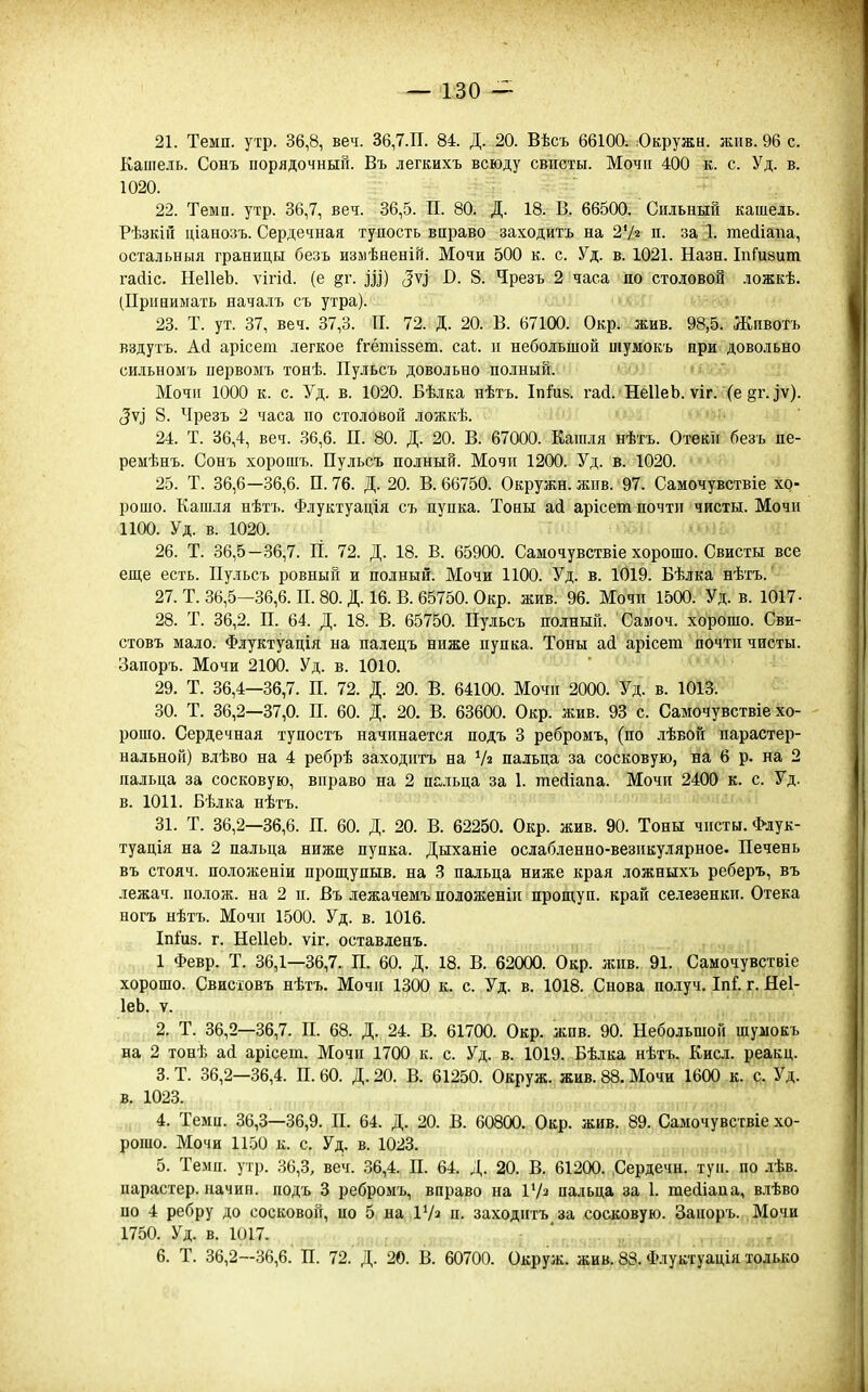 21. Темп. утр. 36,8, веч. 36,7.П. 84. Д. 20. Вѣсъ 66100. Юкружн. жив. 96 с. Кашель. Сонъ порядочный. Въ легкихъ всюду свисты. Мочіі 400 к. с. Уд. в. 1020. 22. Темп. утр. 36,7, веч. 36,5. П. 80. Д. 18. В. 66500. Сильный кашель. Рѣзкін ціанозъ. Сердечная тупость вправо заходить на 2Ѵг п. за 1. тесііапа, остальныя границы безь измѣненій. Мочи 500 к. с. Уд. в. 1021. Назн. ІпГизит гасііс. НеІІеЪ. ѵігісі. (е ^ѵ] О. 8. Чрезъ 2 часа по столовой ложкѣ. (Приаимать началъ съ утра). 23. Т. ут. 37, веч. 37,3. П. 72. Д. 20. В. 67100. Окр. жив. 98,5. Животъ вздутъ. Ай арісет легкое Ггётіззет. саі. и небольшой піумокъ при довольно сильноыъ первомъ тонѣ. Пульсъ довольно полный. Мочіі 1000 к. с. Уд. в. 1020. Бѣлка нѣтъ. Іпіив. гай. НеІІеЬ. ѵіг. (е §г. ^ѵ). 3\} 8. Чрезъ 2 часа по столовой ложкѣ. 24. Т. 36,4, веч. 36,6. П. 80. Д. 20. В. 67000. Кашля нѣтъ. Отеки безъ пе- ремѣнъ. Сонъ хорошъ. Пульсъ полный. Мочи 1200. Уд. в. 1020. 25. Т. 36,6—36,6. П. 76. Д. 20. В. 66750. Окружн. жив. 97. Самочувствіе хо- рошо. Кашля нѣтъ. Флуктуація съ пупка. Топы ай арісеш почти чисты. Мочи 1100. Уд. в. 1020. 26. Т. 36,5-36,7. гі. 72. Д. 18. В. 65900. Самочувствіе хорошо. Свисты все еще есть. Пульсъ ровный и полный. Мочи 1100. Уд. в. 1019. Бѣлка нѣтъ. 27. Т. 36,5—36,6. П. 80. Д. 16. В. 65750. Окр. жив. 96. Мочи 1500. Уд. в. 1017- 28. Т. 36,2. П. 64. Д. 18. В. 65750. Пульсъ полный. Самоч. хорошо. Сви- стовъ мало. Флуктуація на палецъ ниже пупка. Тоны асі арісеш почти чисты. Запоръ. Мочи 2100. Уд. в. 1010. 29. Т. 36,4—36,7. П. 72. Д. 20. В. 64100. Мочи 2000. Уд. в. 1013. 30. Т. 36,2—37,0. П. 60. Д. 20. В. 63600. Окр. жив. 93 с. Самочувствіе хо- рошо. Сердечная тупостъ начинается подъ 3 ребромъ, (по лѣвой парастер- нальной) влѣво на 4 ребрѣ заходитъ на пальца за сосковую, ва 6 р. на 2 пальца за сосковую, вправо на 2 пальца за 1. тейіапа. Мочи 2400 к. с. Уд. в. 1011. Бѣлка нѣтъ. 31. Т. 36,2—36,6. П. 60. Д. 20. В. 62250. Окр. жив. 90. Тоны чисты. Фяук- туація на 2 пальца ниже пупка. Дыханіе ослабленно-везикулярное. Печень въ стояч, положеніи прощупыв. на 3 пальца ниже края ложныхъ реберъ, въ лежач, полож. на 2 п. Въ лежачемъ положеніи прощуп. край селезенки. Отека ногъ нѣтъ. Мочи 1500. Уд. в. 1016. Іпіиз. г. НеІІеЬ. ѵіг. оставленъ. 1 Февр. Т. 36,1—36,7. П. 60. Д. 18. В. 62000. Окр. жив. 91. Самочувствіе хорошо. Свисіовъ нѣтъ. Мочи 1300 к. с. Уд. в. 1018. Снова получ. Іпі. г. Яеі- ІеЬ. V. 2. Т. 36,2—36,7. П. 68. Д. 24. В. 61700. Окр. жив. 90. Небольшой шумокъ на 2 тонѣ асі арісет. Мочи 1700 к. с. Уд. в. 1019. Бѣлка нѣтъ. Кисл. реакц. 3. Т. 36,2—36,4. П. 60. Д. 20. В. 61250. Окруж. жив. 88. Мочи 1600 к. с. Уд. в. 1023. , 4. Темп. 36,3—36,9. П. 64. Д. 20. В. 60800. Окр. жив. 89. Самочувсгвіе хо- рошо. Мочи 1150 к. с. Уд. в. 1023. 5. Темп. утр. 36,3, веч. 36,4. П. 64. Д. 20. В. 61200. .Сердечн. туи. по лѣв. парастер. начин, подъ 3 ребромъ, вправо на ІѴ^ пальца за 1. тесііаиа, в.чѣво по 4 ребру до сосковой, по 5 на Ѵ/з а. заходитъ за соововую. Запоръ. Мочи 1750. Уд. в. 1017. ; -^:,,,,,, 6. Т. 36,2—36,6. П. 72. Д. 20. В. 60700. Окруж. жив. 88. Флуктуація только