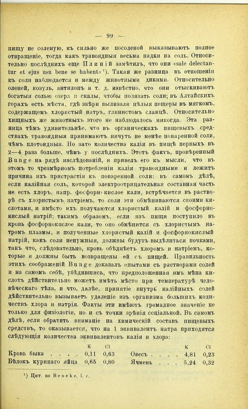 пищу не соленую, къ сильно же посоленой выказываютъ полное отвращеніе, тогда какъ травоядный весьма падки на соль. Относи- тельно послѣднихъ еще Плиній замѣтилъ, что они «заіе (іеіесіап- іиг еі е]118 изи Ьепе зе ЬаЪепѣ»Такая же разница въ отношеніи къ соли наблюдается и между животными дикими. Относительно оленей, козуль, антилопъ и т. д. извѣстно. что они отыскиваютъ богатыя солью озера и скалы, чтобы полизать соли; въ Алтайскихъ горахъ есть мѣста, гдѣ звѣри вылизали цѣлыя пещеры въ мягкомъ, содержащемъ хлористый натръ, глинистомъ сланцѣ. Относительно хищныхъ же животныхъ этого не наблюдалось никогда. Эта раз- ница тѣмъ удивительнѣе, что въ органическихъ пищевыхъ сред- ствахъ травоядныя принимаютъ ничуть не менѣе поваренной соли, чѣмъ плотоядныя. Но зато количества калія въ пищѣ первыхъ въ 2—4 раза больше, чѣмъ у иоелѣднихъ. Этотъ фактъ, провѣренный Вип^е на рядѣ изслѣдованій, и привелъ его къ мысли, что въ этомъ то чрезмѣрномъ потребленіи калія травоядными и лежитъ причина ихъ пристрастія къ поваренной соли: въ самомъ дѣлѣ, если калійная соль, которой электроотрицательная составная часть не есть хлоръ, напр. фосфорн( кислое кали, встрѣчается въ раство- рѣ съ хлористымъ натріемъ, то соли эти обмѣниваются своими ки- слотами, и вмѣсто ихъ получаются хлористый калій и фосфорно- кислый натрій; такимъ образомъ, если изъ пищи поступило въ кровь фосфорнокислое кали, то оно обмѣнится съ хлористымъ на- тромъ плазмы, и полученные хлористый калій и фосфорнокислый натрій, какъ соли ненужныя, должны будутъ выдѣлиться почками, такъ что, слѣдовательно, кровь обѣднѣетъ хлоромъ и натріемъ, ко- торые и должны быть возвращены ей съ пищей. Правильность этихъ соображеній Вип§ е доказалъ опытами съ растворами солей и на самомъ себѣ, убѣдившись, что предположенная имъ мѣна ки- слотъ дѣйствительно мон^етъ имѣть мѣсто при температурѣ чело- вѣческаго тѣла, и что, далѣе, принятіе внутрь калійныхъ солей дѣйствительно вызываетъ удаленіе изъ организма бо.тіьпіихъ коли- чествъ хлора и натрія. Факты эти имѣютъ громадное значеніе не только для физіологіи, но и съ точки зрѣнія соціальной. Въ самомъ дѣлѣ, если обратить вниманіе на химическій составъ пищевыхъ средствъ, то оказывается, что на 1 эквивалентъ натра приходятся слѣдующія количества эквивалентовъ калія и хлора: к сі к С1 Кровь быка 0,11 0,63 Овесъ .... 4,81 0,23 Бѣлокъ куринаго яйца 0,65 0,80 Ячмень . . . 5,24 0,32 Цит. по В е п е к е. 1. с.
