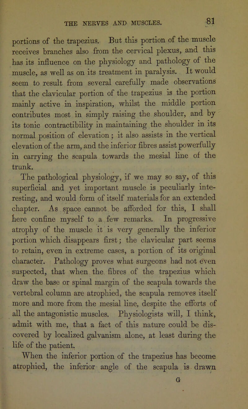 portions of tlie trapezius. But tMs portion of tlie muscle receives branches also from the cervical plexus, and this has its influence on the physiology and pathology of the muscle, as well as on its treatment in paralysis. It would seem to result from several carefully made observations that the clavicular portion of the trapezius is the portion mainly active in inspiration, whilst the middle portion contributes most in simply raising the shoulder, and by its tonic contractibility in maintaining the shoulder in its normal position of elevation; it also assists in the vertical elevation of the arm, and the inferior fibres assist powerfully in carrying the scapula towards the mesial line of the trunk. The pathological physiology, if we may so say, of this superficial and yet important muscle is peculiarly inte- resting, and would form of itself materials for an extended chapter. As space cannot be afibrded for this, 1 shall here confine myself to a few remarks. In progressive atrophy of the muscle it is very generally the inferior portion which disappears first; the clavicular part seems to retain, even in extreme cases, a portion of its original character. Pathology proves what surgeons had not even suspected, that when the. fibres of the trapezius which draw the base or spinal margin of the scapula towards the vertebral column are atrophied, the scapula removes itself more and more from the mesial line, despite the efibrts of all the antagonistic muscles. Physiologists will, I think, admit with me, that a fact of this nature could be dis- covered by localized galvanism alone, at least during the life of the patient. When the inferior portion of the trapezius has beeome atrophied, the inferior angle of the scapula is drawn G