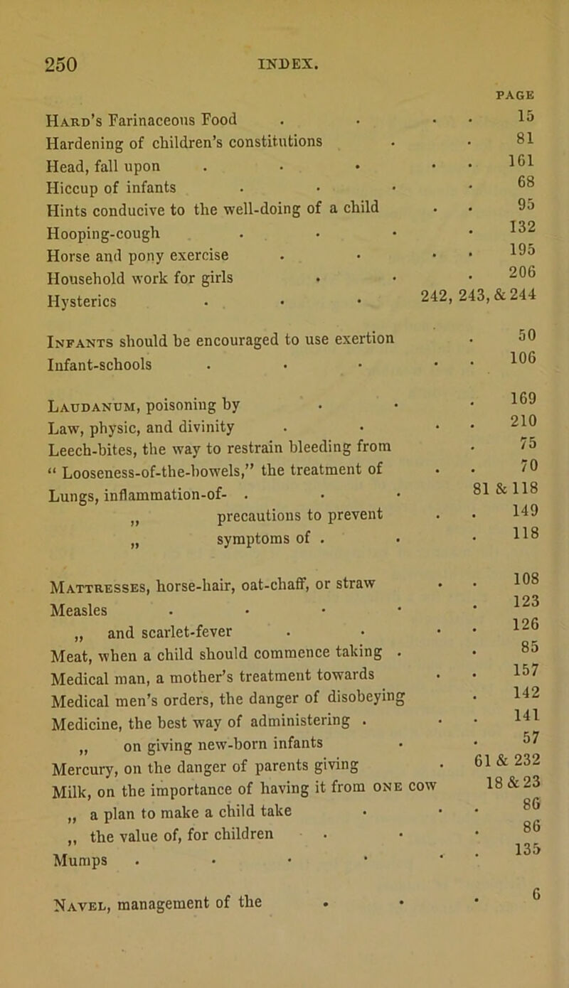 Hard’s Farinaceous Food Hardening of children’s constitutions Head, fall upon Hiccup of infants Hints conducive to the well-doing of a child Hooping-cough Horse and pony exercise Household work for girls Hysterics PAGE 15 81 161 68 95 132 195 206 242, 243, & 244 Infants should he encouraged to use exertion Infant-schools Laudanum, poisoning by Law, physic, and divinity Leech-bites, the way to restrain bleeding from “ Looseness-of-the-bowels,” the treatment of Lungs, inflammation-of- . „ precautions to prevent „ symptoms of . 169 210 75 70 81 &118 149 118 Mattresses, horse-hair, oat-chaflf, or straw Measles . • • • „ and scarlet-fever Meat, when a child should commence taking . Medical man, a mother’s treatment towards Medical men’s orders, the danger of disobeying Medicine, the best way of administering . „ on giving new-born infants Mercury, on the danger of parents giving Milk, on the importance of having it from one cow „ a plan to make a child take „ the value of, for children Mumps . • • * 108 123 126 85 157 142 141 57 61 & 232 18&23 86 86 135 Navel, management of the 6