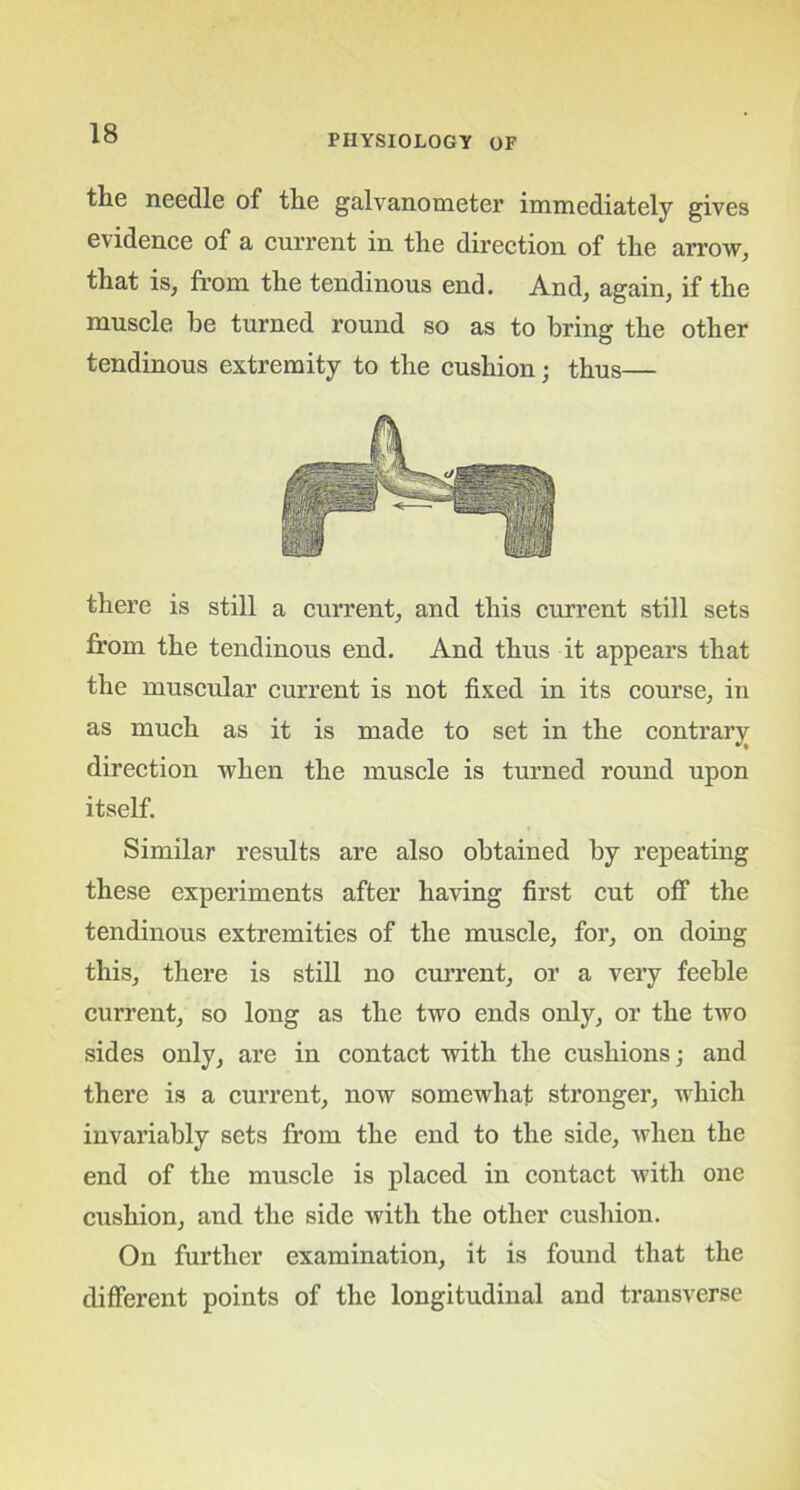 the needle of the galvanometer immediately gives evidence of a current in the direction of the arrow, that is, from the tendinous end. And, again, if the muscle he turned round so as to bring the other tendinous extremity to the cushion; thus— there is still a current, and this current still sets from the tendinous end. And thus it appears that the muscular current is not fixed in its course, in as much as it is made to set in the contrary direction when the muscle is turned round upon itself. Similar results are also obtained by repeating these experiments after having first cut off the tendinous extremities of the muscle, for, on doing this, there is still no current, or a very feeble current, so long as the two ends only, or the two sides only, are in contact with the cushions; and there is a current, now somewhat stronger, which invariably sets from the end to the side, when the end of the muscle is placed in contact with one cushion, and the side with the other cushion. On further examination, it is found that the different points of the longitudinal and transverse