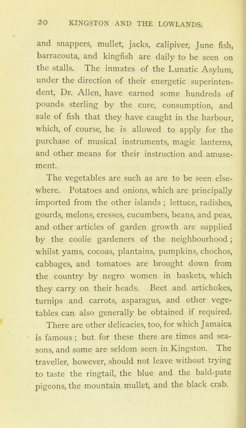 and snappers, mullet, jacks, calipiver, June fish, barracouta, and kingfish are daily to be seen on the stalls. The inmates of the Lunatic Asylum, under the direction of their energetic superinten- dent, Dr. Allen, have earned some hundreds of pounds sterling by the cure, consumption, and sale of fish that they have caught in the harbour, which, of course, he is allowed to apply for the purchase of musical instruments, magic lanterns, and other means for their instruction and amuse- ment. The vegetables are such as are to be seen else- where. Potatoes and onions, which are principally imported from the other islands ; lettuce, radishes, gourds, melons, cresses, cucumbers, beans, and peas, and other articles of garden growth are supplied by the coolie gardeners of the neighbourhood ; whilst yams, cocoas, plantains, pumpkins, chochos, cabbages, and tomatoes are brought down from the country by negro women in baskets, which they carry on their heads. Beet and artichokes, turnips and carrots, asparagus, and other vege- tables can also generally be obtained if required. There are other delicacies, too, for which Jamaica is famous ; but for these there are times and sea- sons, and some are seldom seen in Kingston. The traveller, however, should not leave without trying to taste the ringtail, the blue and the bald-pate pigeons, the mountain mullet, and the black crab.