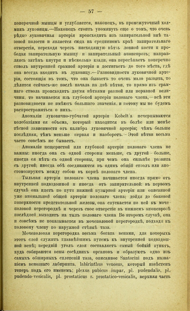 поперечной мышцы и углубляется, наконецъ, въ промежуточный хол- микъ луковицы.—Наконецъ стоитъ упомянуть еще о томъ, что очень рѣдко луковичная артерія происходитъ изъ запирательной внѣ та- зовой полости и является сюда на срединномъ краѣ запирательнаго отверстія, переходя черезъ нисходящую вѣтвь лонной кости п про- бодая запирательную мышцу и запирательный апоневрозъ; направ- ляясь затѣмъ кнутри и нѣсколько кзади, она пересѣкаетъ поперечно стволъ внутренней срамной артеріи и достигаетъ до того мѣста, гдѣ она всегда входитъ въ луковицу.—Разновидности луковичной арте- ріи, состоящія въ томъ, что она бываетъ то очень мало развита, то дѣлится сейчасъ-же послѣ начала на двѣ вѣтви, то прямо изъ срам- наго ствола происходитъ двумя вѣтвями равной или неравной вели- чины, то начинается изъ глубокой артеріи половаго члена,—всѣ эти разновидности не имѣютъ большаго значенія, и потому мы не будемъ распространяться о нихъ. Аномаліи луковично-губчатой артеріи КоЬеіРа исчерпываются колебаніями ея объема, который находится въ болѣе или менѣе тѣсной зависимости отъ калибра луковичной артеріи; чѣмъ больше послѣдняя, тѣмъ меньше первая и наоборотъ. — Этой вѣтви весьма часто совсѣмъ не бываетъ. Аномаліи пещеристой или глубокой артеріи половаго члена не важны: иногда она съ одной стороны меньше, съ другой - больше, иногда ея нѣтъ съ одной стороны, при чемъ она сильнѣе развита съ другой; иногда обѣ соединяются въ одинъ общій стволъ или ано- стомозируютъ между собою въ корнѣ половаго члена. Тыльная артерія половаго члена начинается иногда прямо отъ внутренней подвздошной и иногда отъ запирательной: въ первомъ случаѣ она идетъ по пути нижней пузырной артеріи или описанной уже аномальной общей артеріи половаго члена; дойдя до боковой поверхности предстательной железы, она спускается по ней къ моче ■ половой перегородкѣ и черезъ свое отверстіе въ нижнемъ апоневрозѣ послѣдней выходитъ на тылъ половаго члена Во второмъ случаѣ, она и совсѣмъ не показывается въ мочеполовой перегородкѣ, подходя къ половому члену по наружной стѣнкѣ таза. Мочеполовая перегородка весьма богата венами, для которыхъ этотъ слой служитъ главнѣйшимъ путемъ къ внутренней подвздош- ной венѣ; передній уголъ слоя составляетъ самый бойкій пунктъ, куда собираются вены сосѣднихъ органовъ и образуютъ одно изъ самыхъ обширныхъ сплетеній таза, описанное Запіогіпі подъ назва- ніемъ венознаго лабиринта, ІаЪігіпіІшз ѵепозиз, который извѣстенъ теперь подъ его именемъ; ріехиз риЪісиз ініраг, рі. ршіешіаііа, рі. рисіепсіо-ѵезісаііз, рі. ргозіаіісиз 8. ргозШісо-ѵезісаІіз, верхняя часть